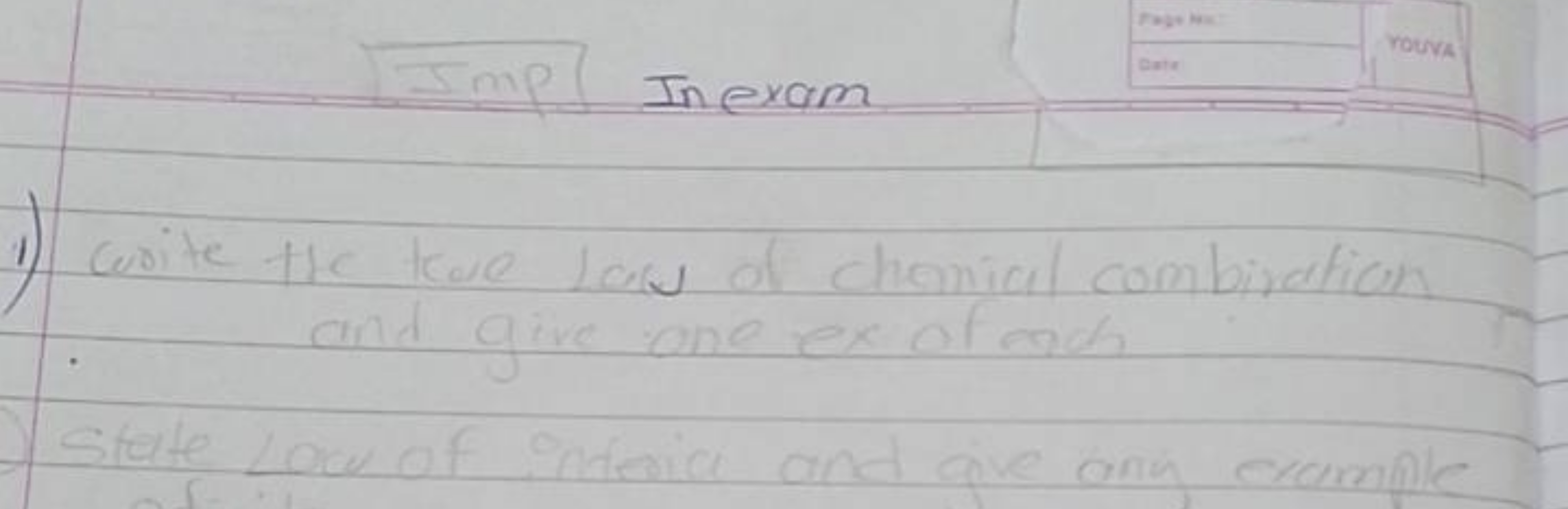 Imp In exam
write the teal lay of chemical combination and give one ex