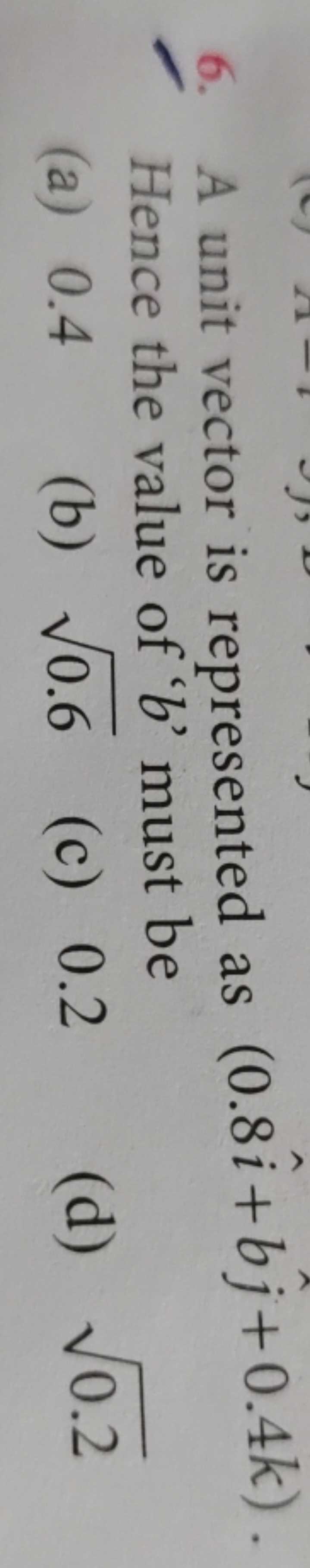 6. A unit vector is represented as (0.8i^+bj^​+0.4k). Hence the value 