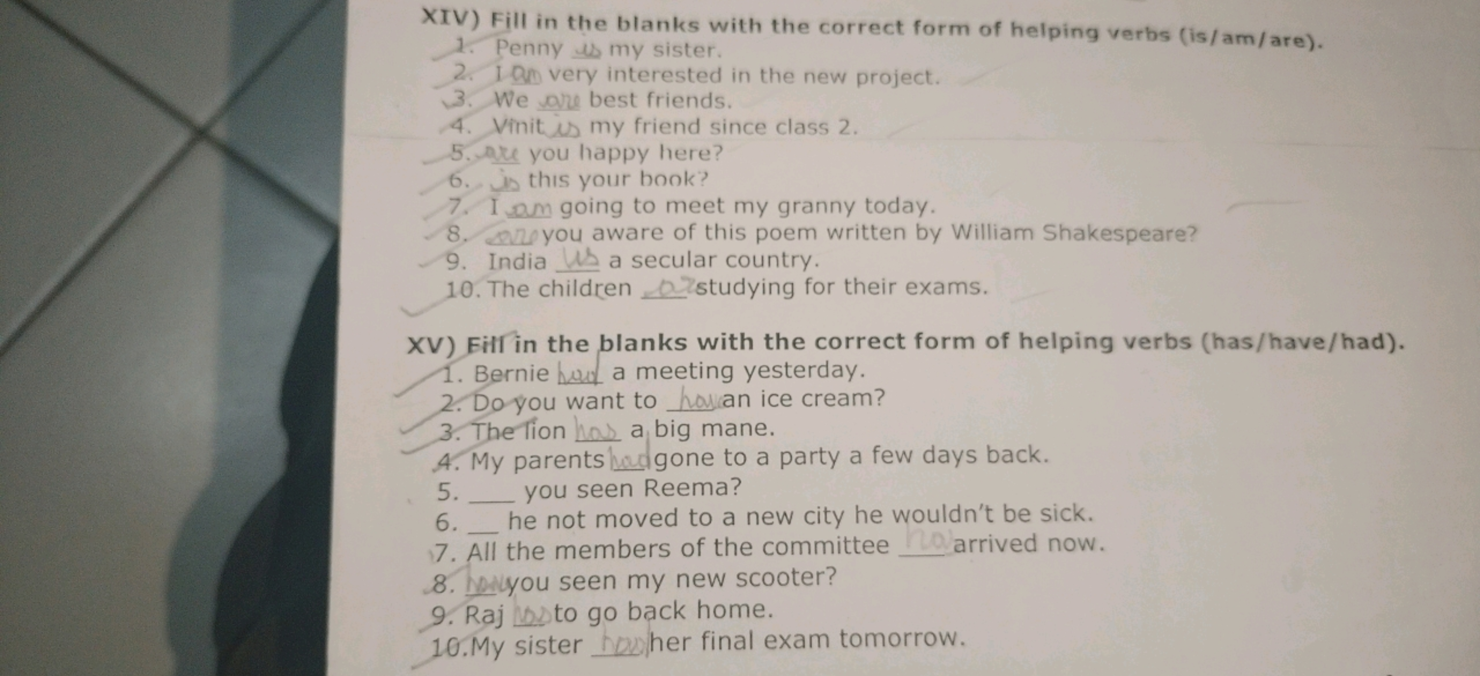 XIV) Fill in the blanks with the correct form of helping verbs (is/am/