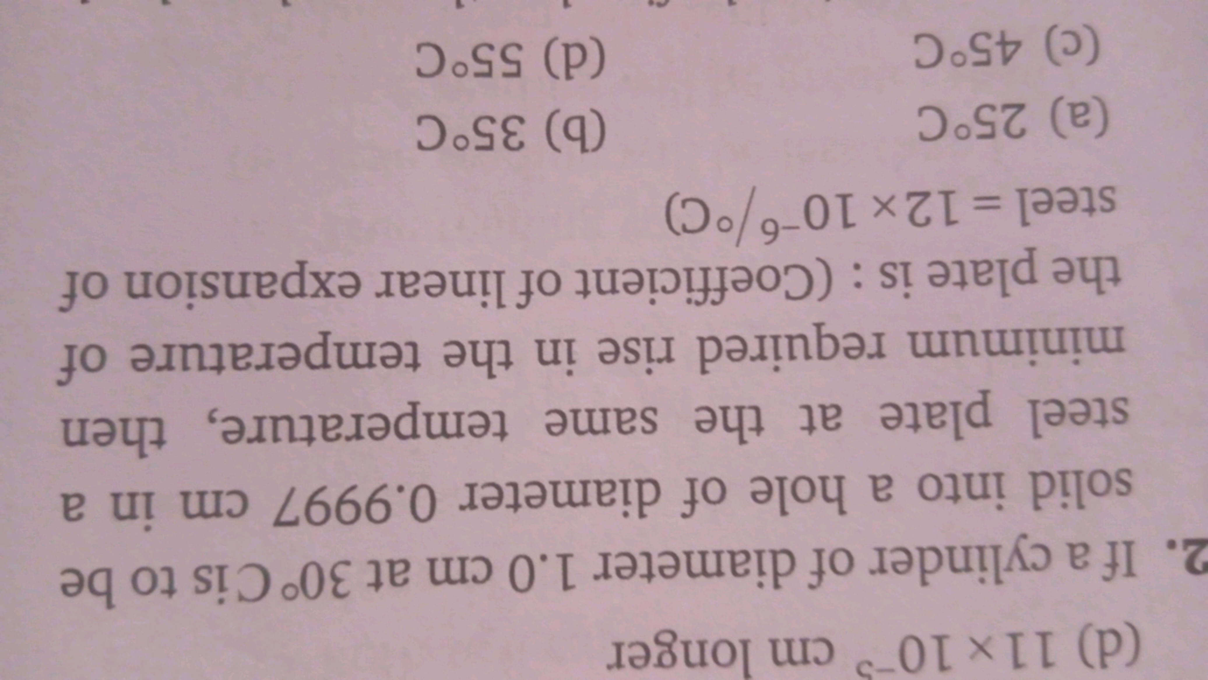 (d) 11×10−5 cm longer
2. If a cylinder of diameter 1.0 cm at 30∘C is t