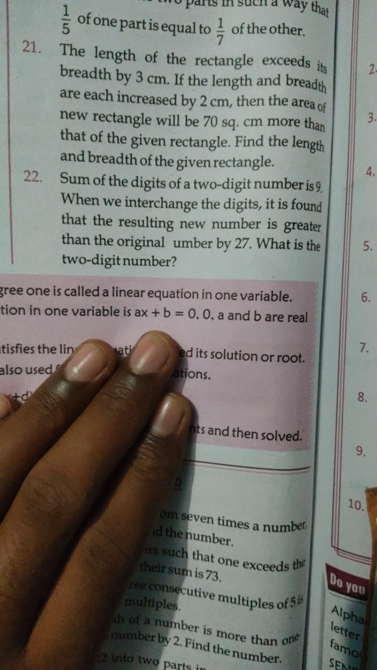 51​ of one part is equal to 71​ of the other.
21. The length of the re