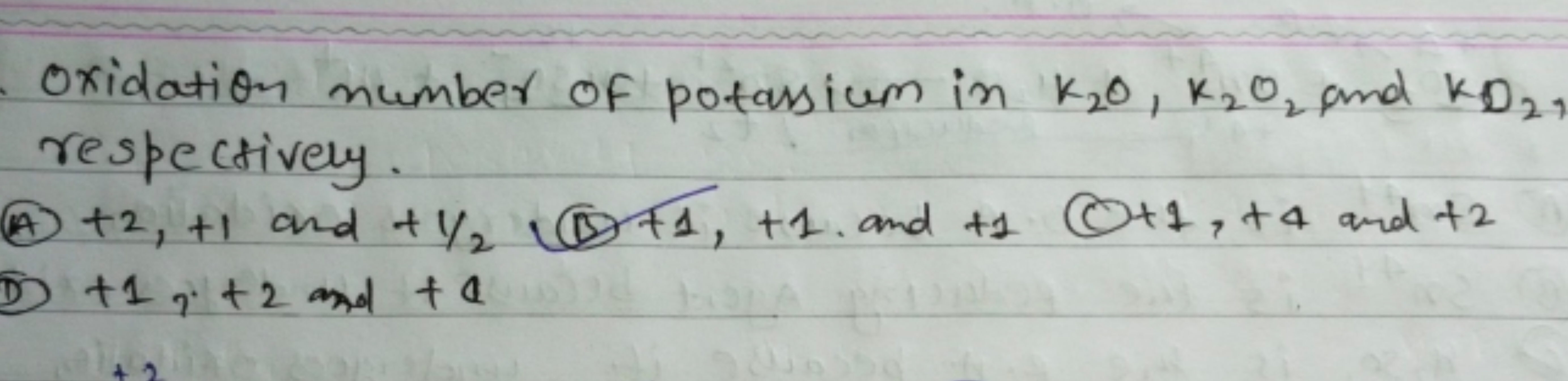 Oxidation number of potassium in K2​O,K2​O2​ and KD2​, respectively.
(