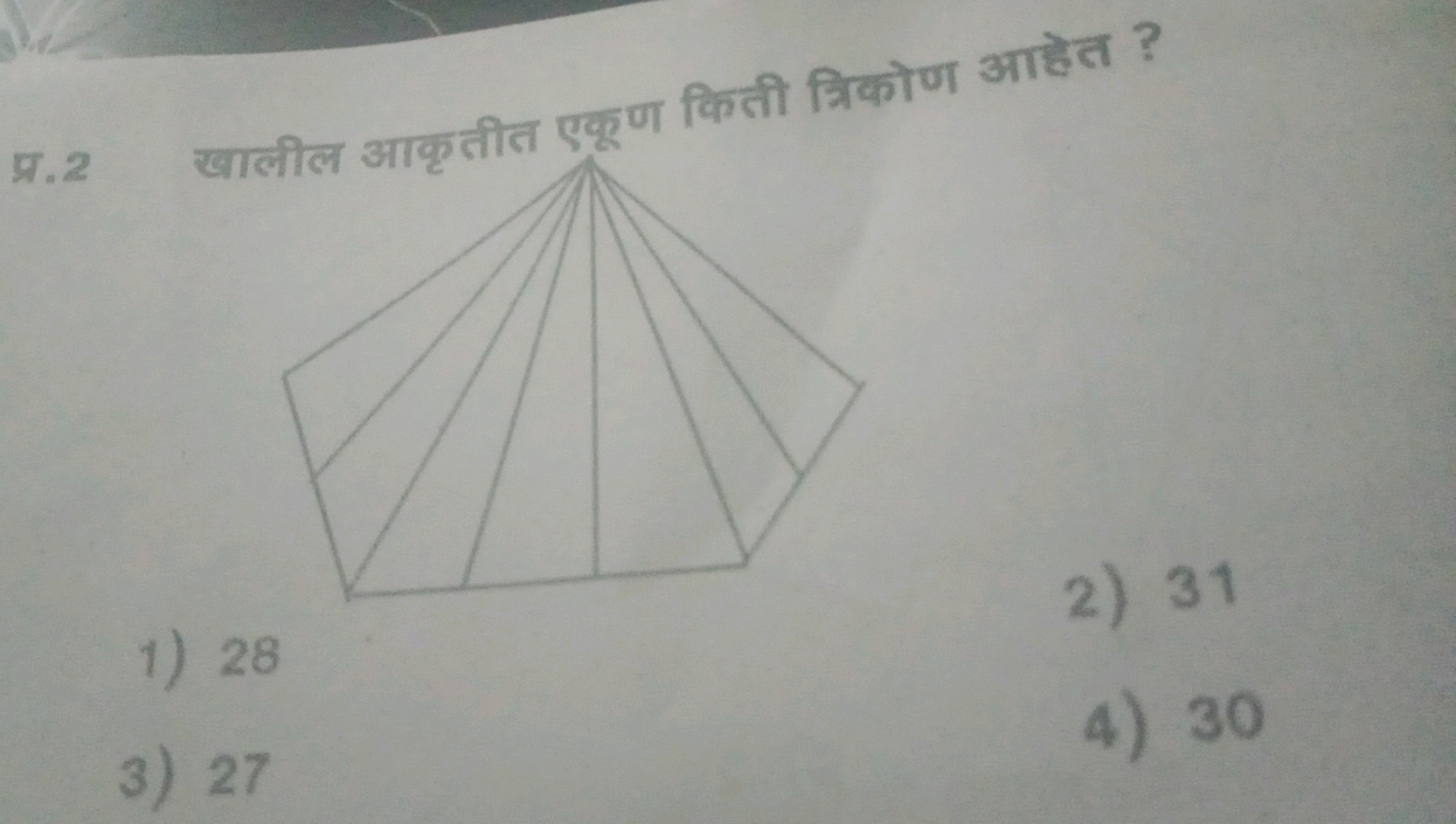 प्र. 2 खालील आकृतीत एकूण किती त्रिकोण आहेत ?
1) 28
2) 31
3) 27
4) 30