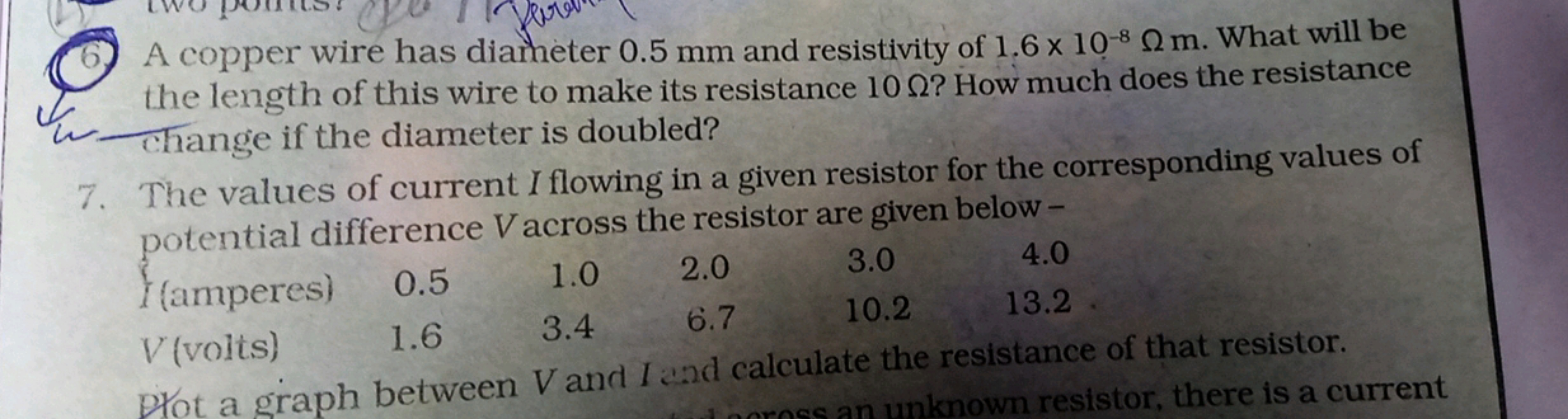 A copper wire has diameter 0.5 mm and resistivity of 1.6×10−8Ωm. What 