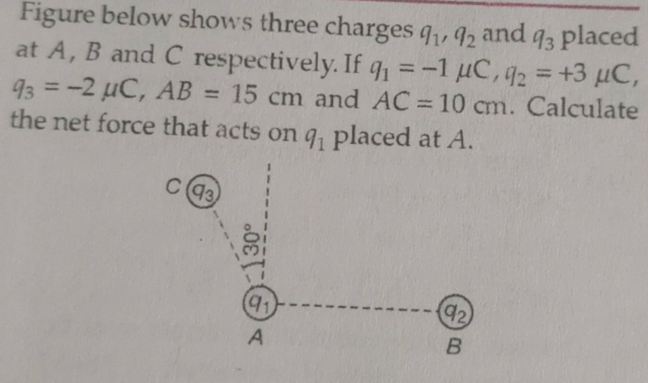 Figure below shows three charges q1​,q2​ and q3​ placed at A,B and C r