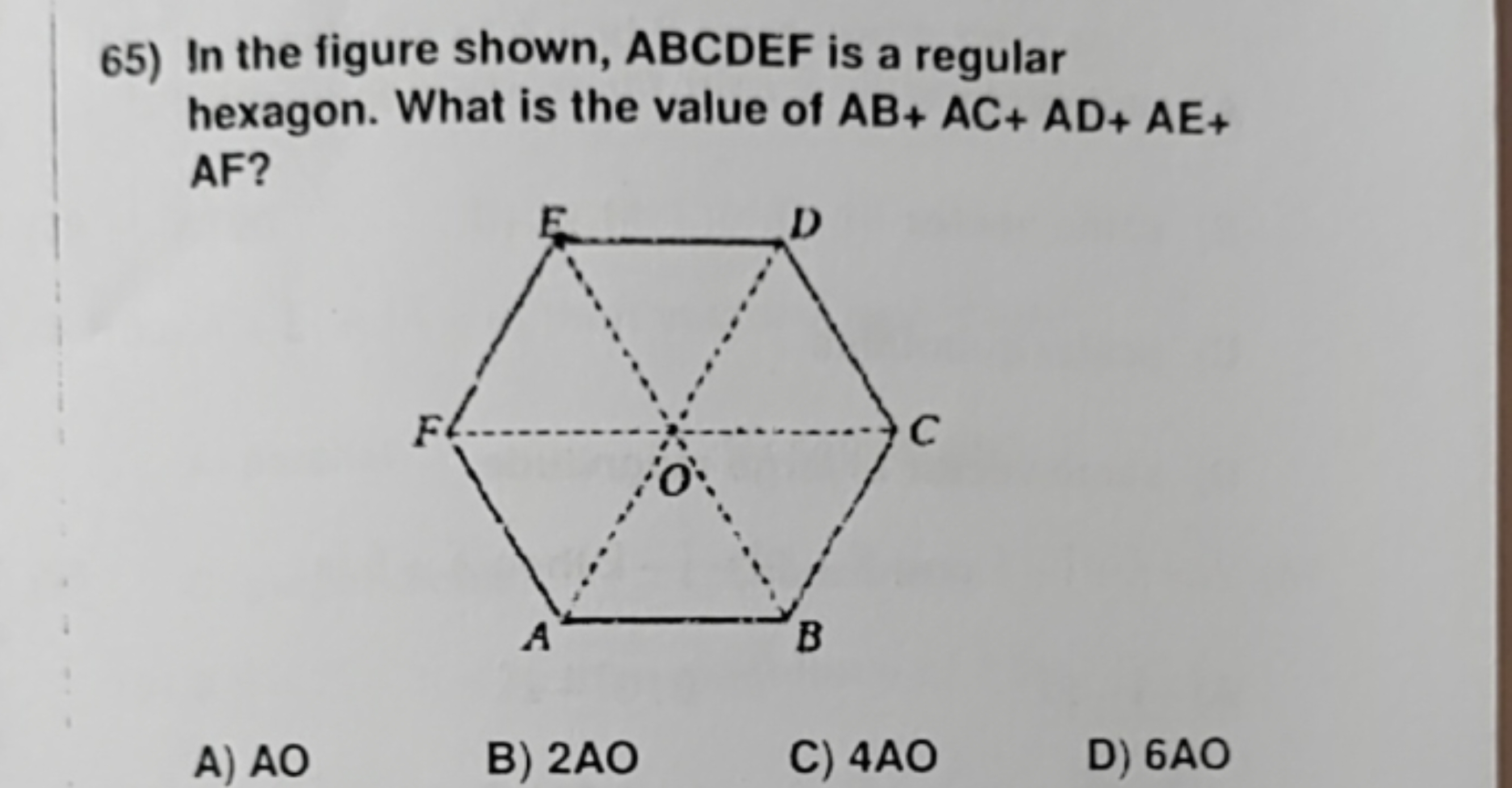 65) In the figure shown, ABCDEF is a regular hexagon. What is the valu