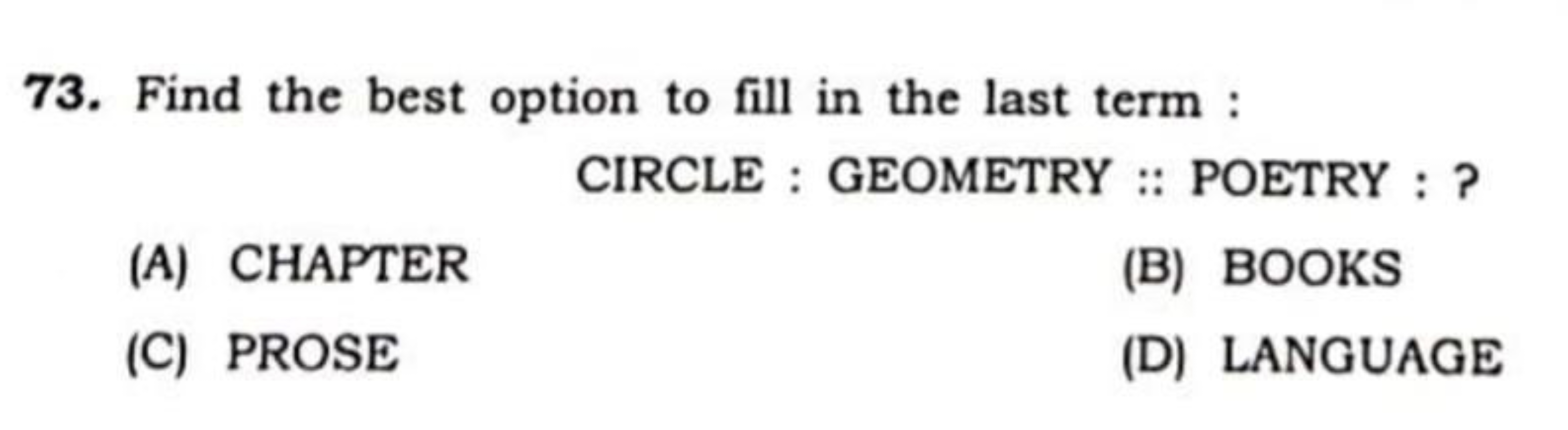 73. Find the best option to fill in the last term :

CIRCLE : GEOMETRY