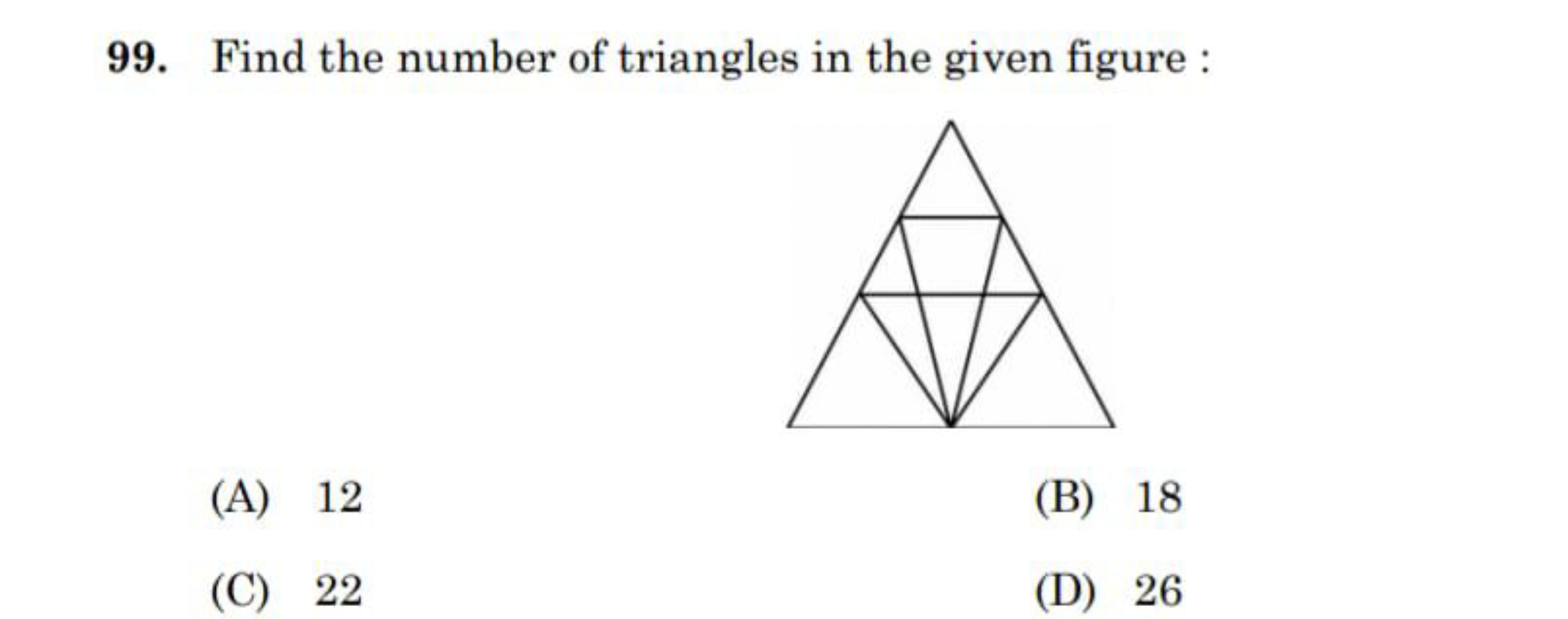 99. Find the number of triangles in the given figure :
(A) 12
(B) 18
(