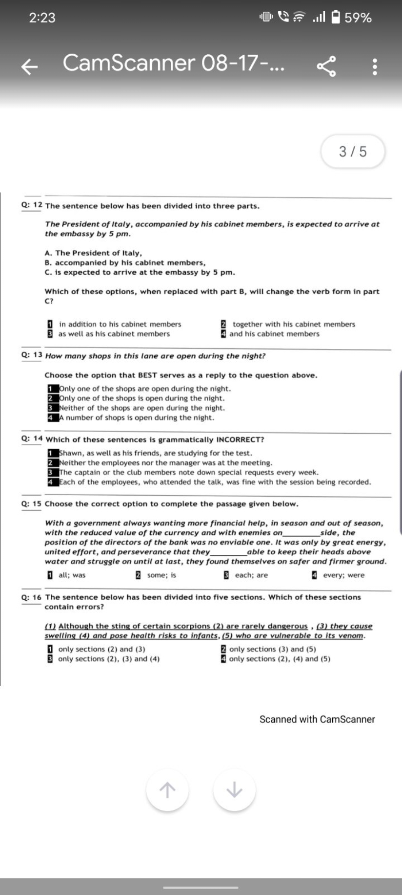 2:23
CamScanner 08-17-...
3/5

Q: 12 The sentence below has been divid