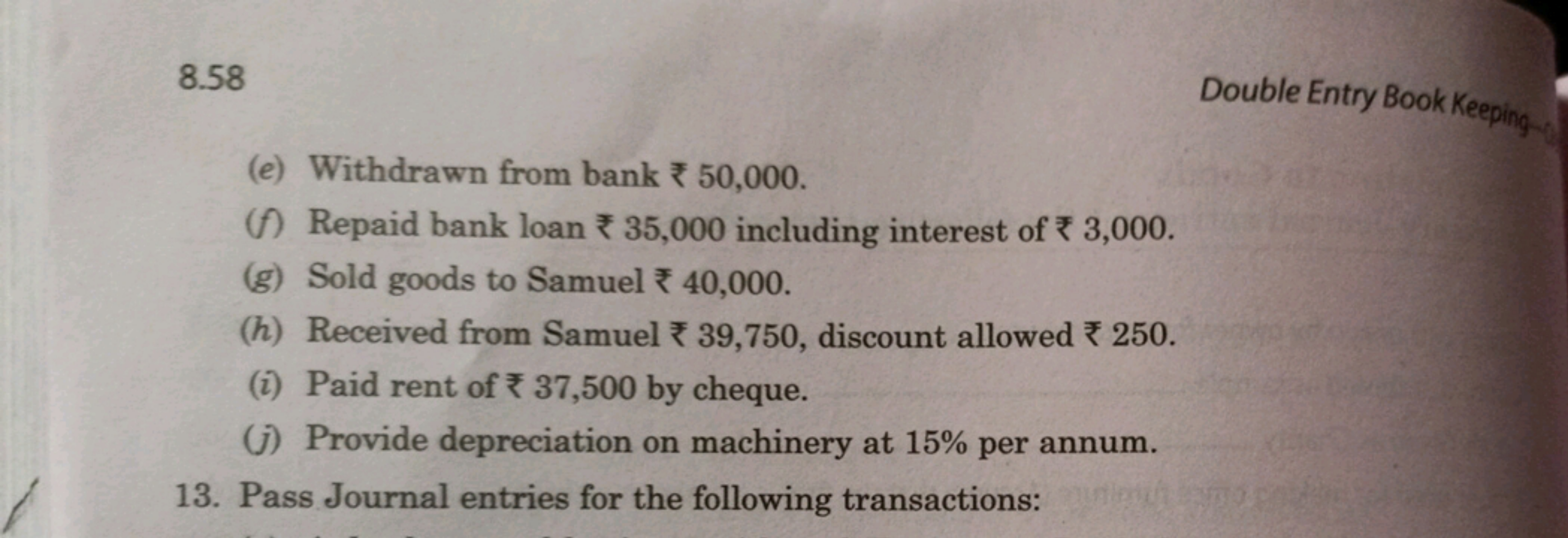 8.58
Double Entry Book Keeping
(e) Withdrawn from bank ₹ 50,000 .
(f) 