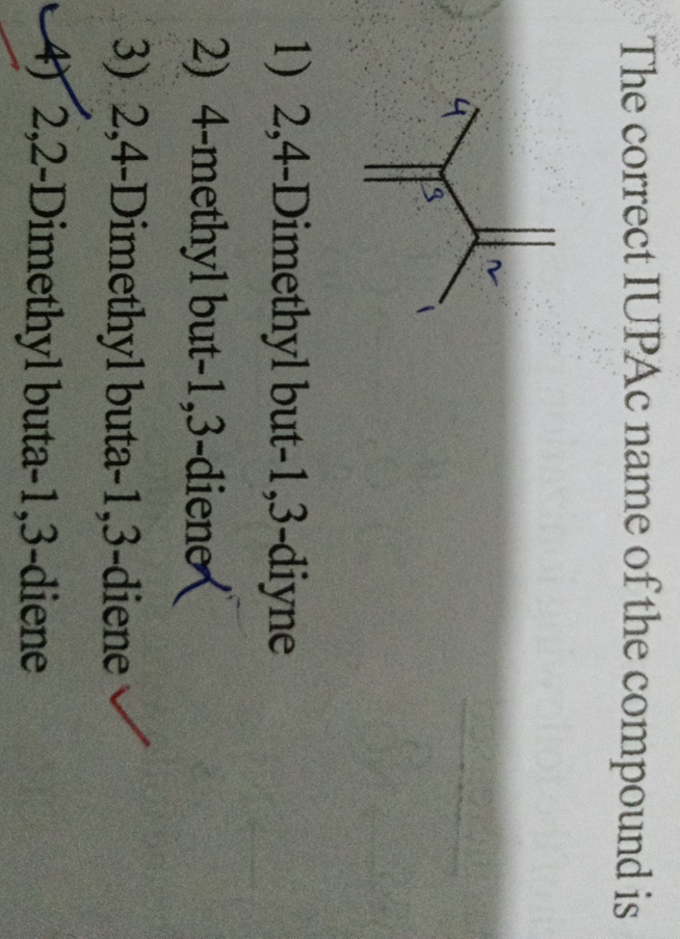 The correct IUPAc name of the compound is
C=C(C)C(=C)C
1) 2,4-Dimethyl