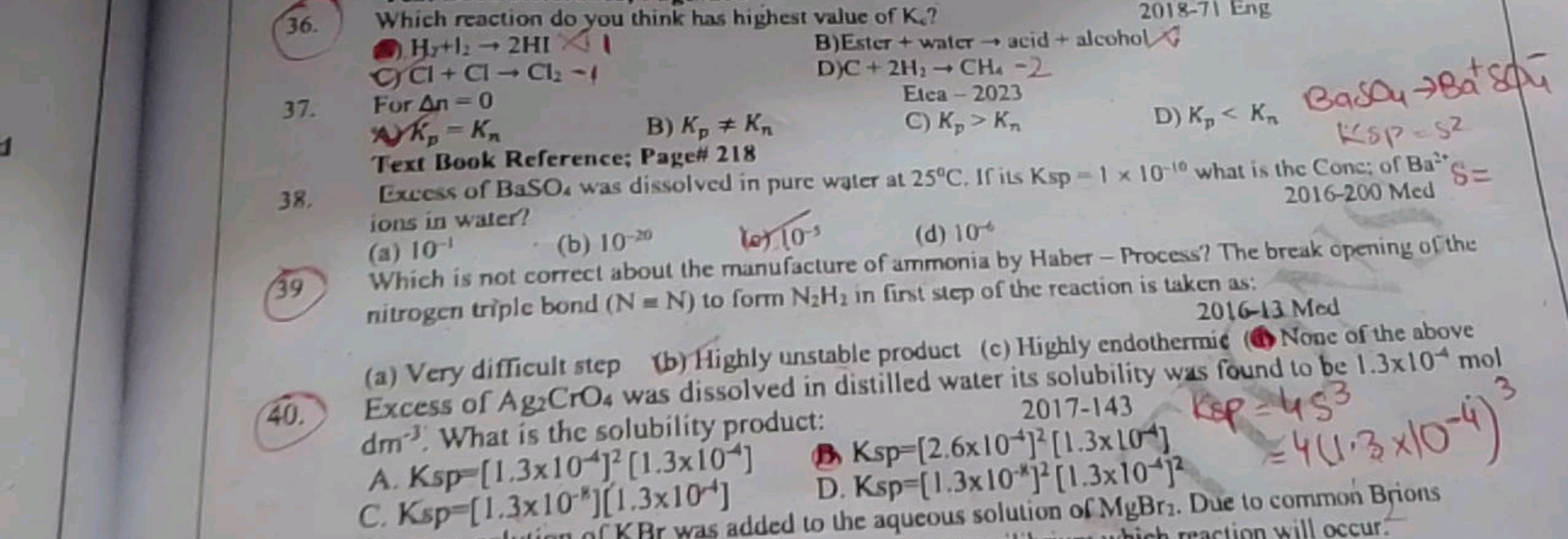 36. Which reaction do you think has highest value of K4​ ?
2018-71 Eng