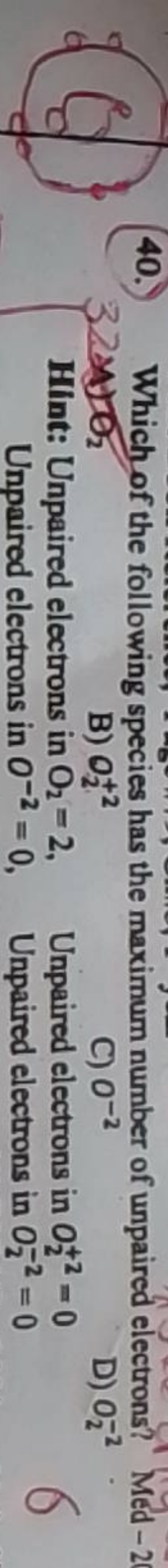 (40.) Which of the following species has the maximum number of unpaire