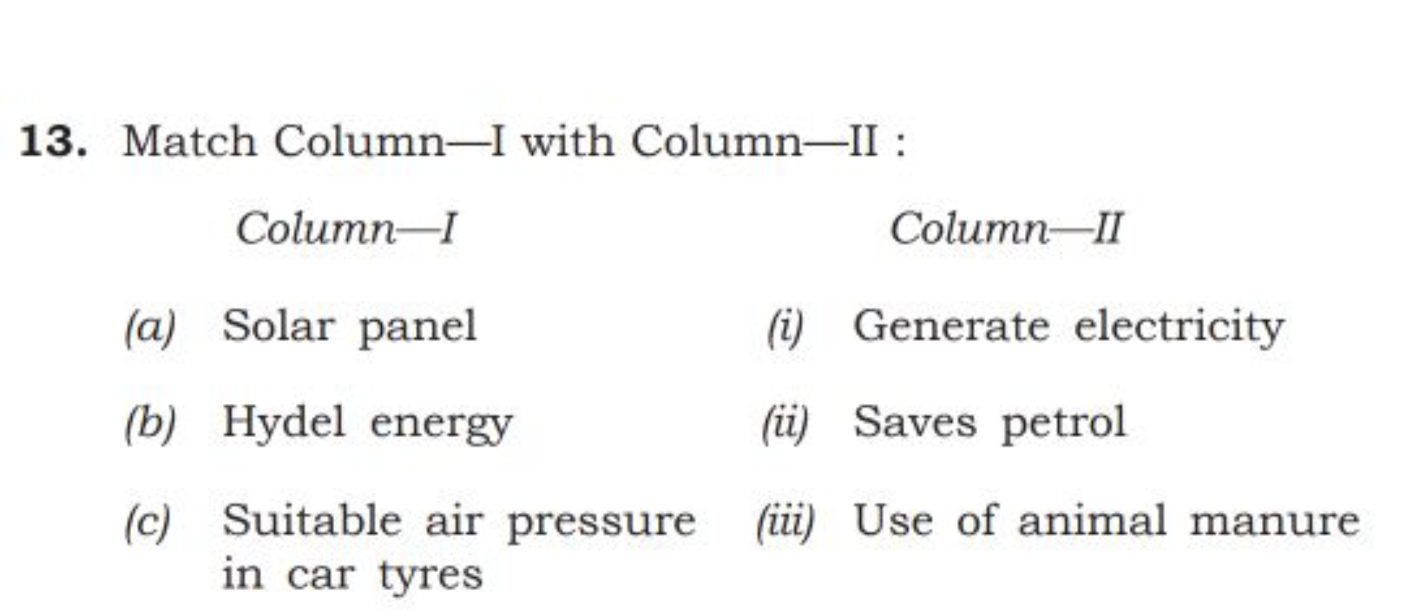 13. Match Column-I with Column-II :

Column-I
(a) Solar panel
(b) Hyde