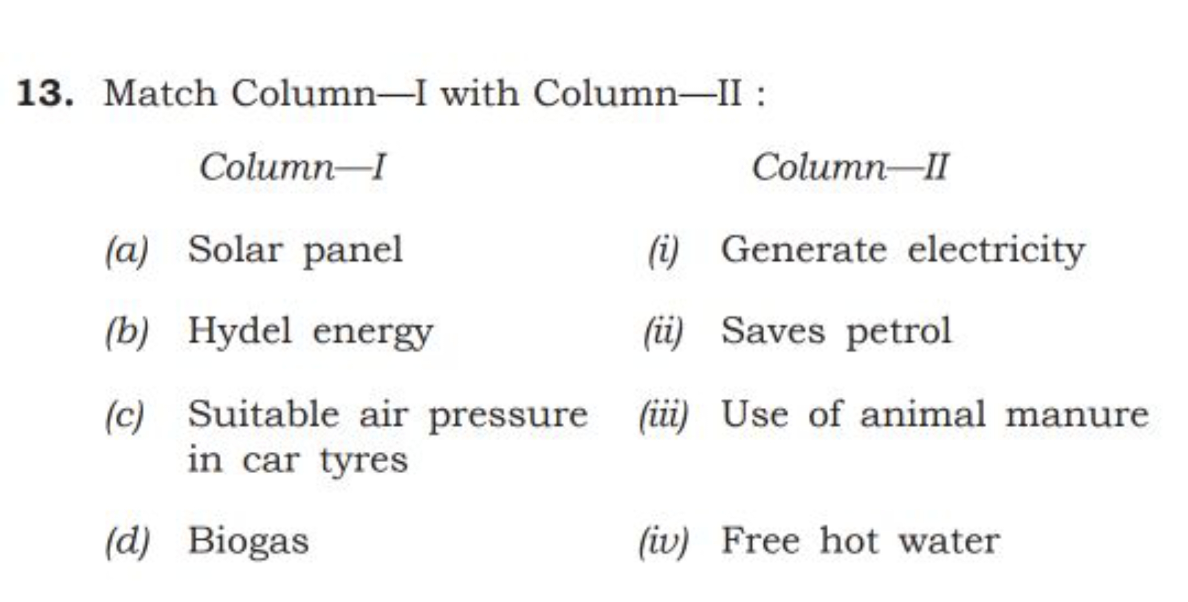 13. Match Column-I with Column-II :

Column-I
Column-II
(a) Solar pane