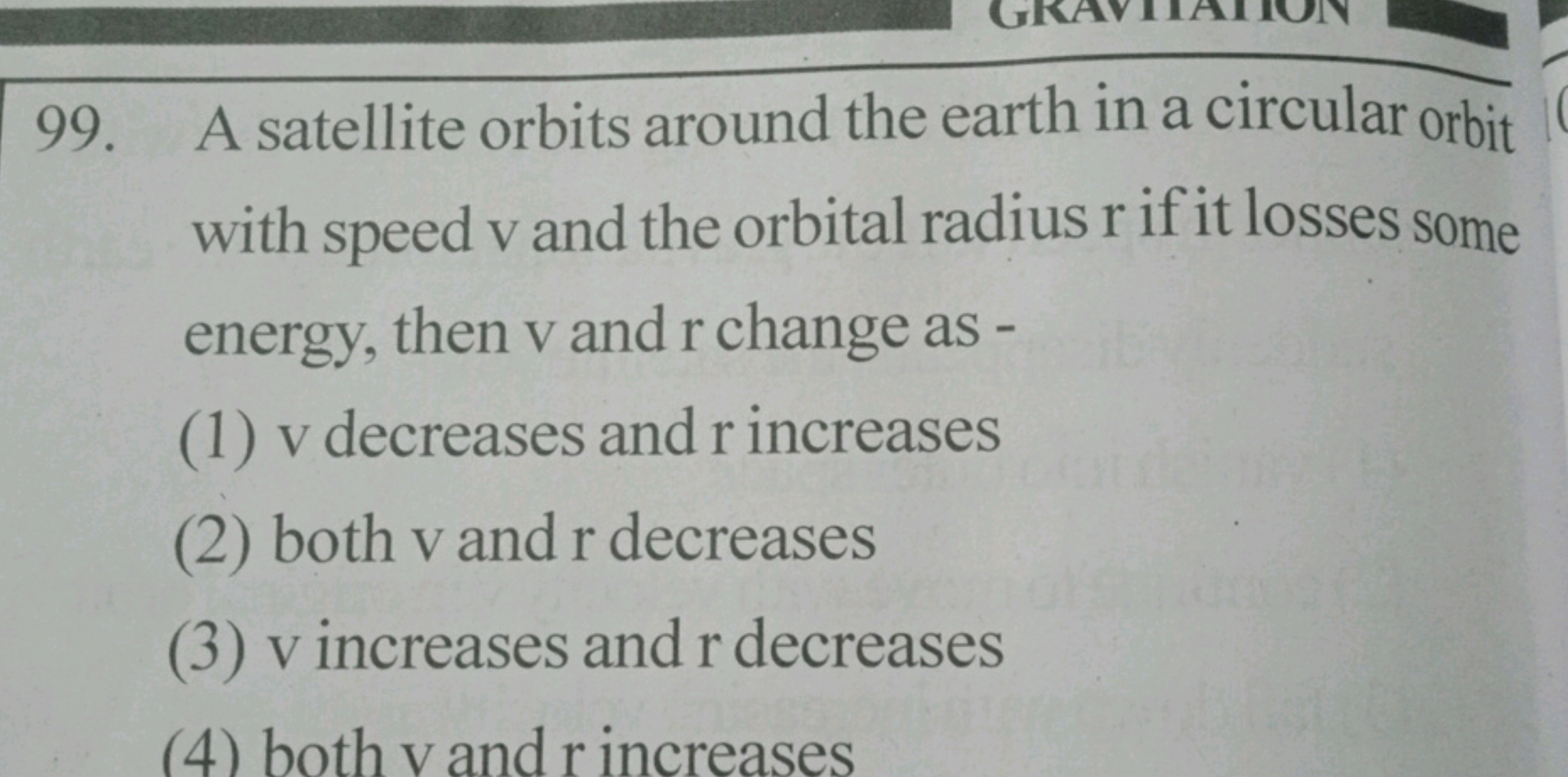 99. A satellite orbits around the earth in a circular orbit with speed