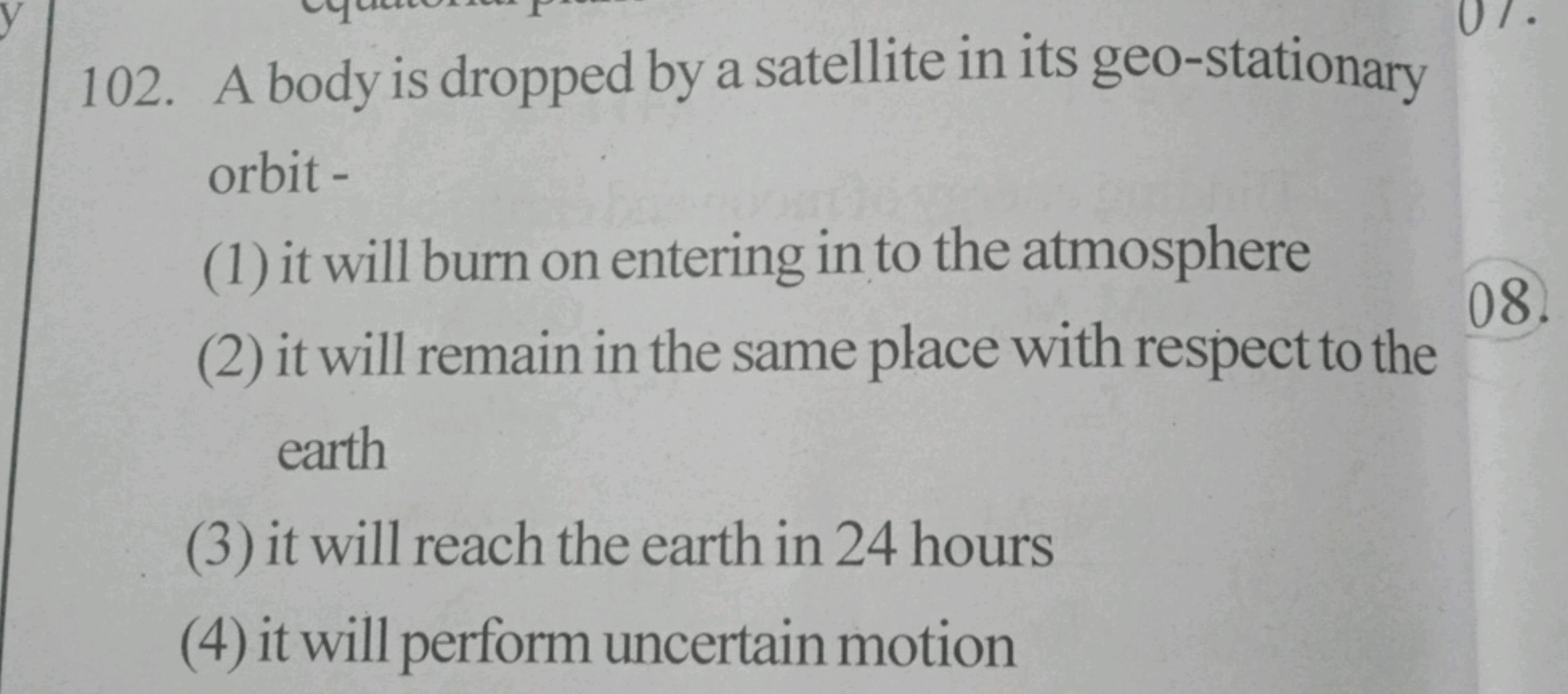 102. A body is dropped by a satellite in its geo-stationary
orbit -
(1