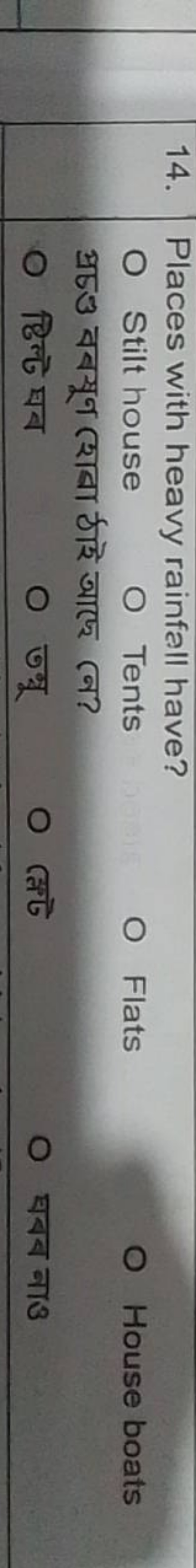14. Places with heavy rainfall have?

O Stilt house
O Tents
O Flats
O 