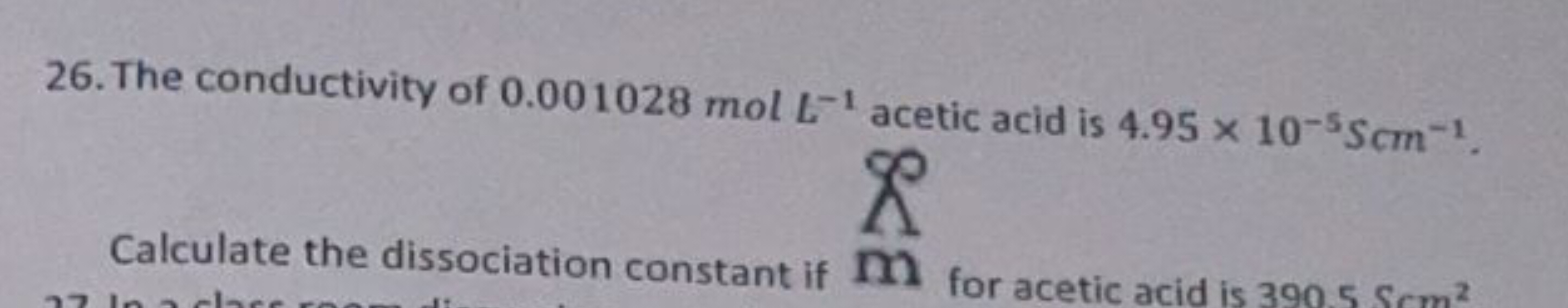 26. The conductivity of 0.001028 mol L−1 acetic acid is 4.95×10−5Scm−1