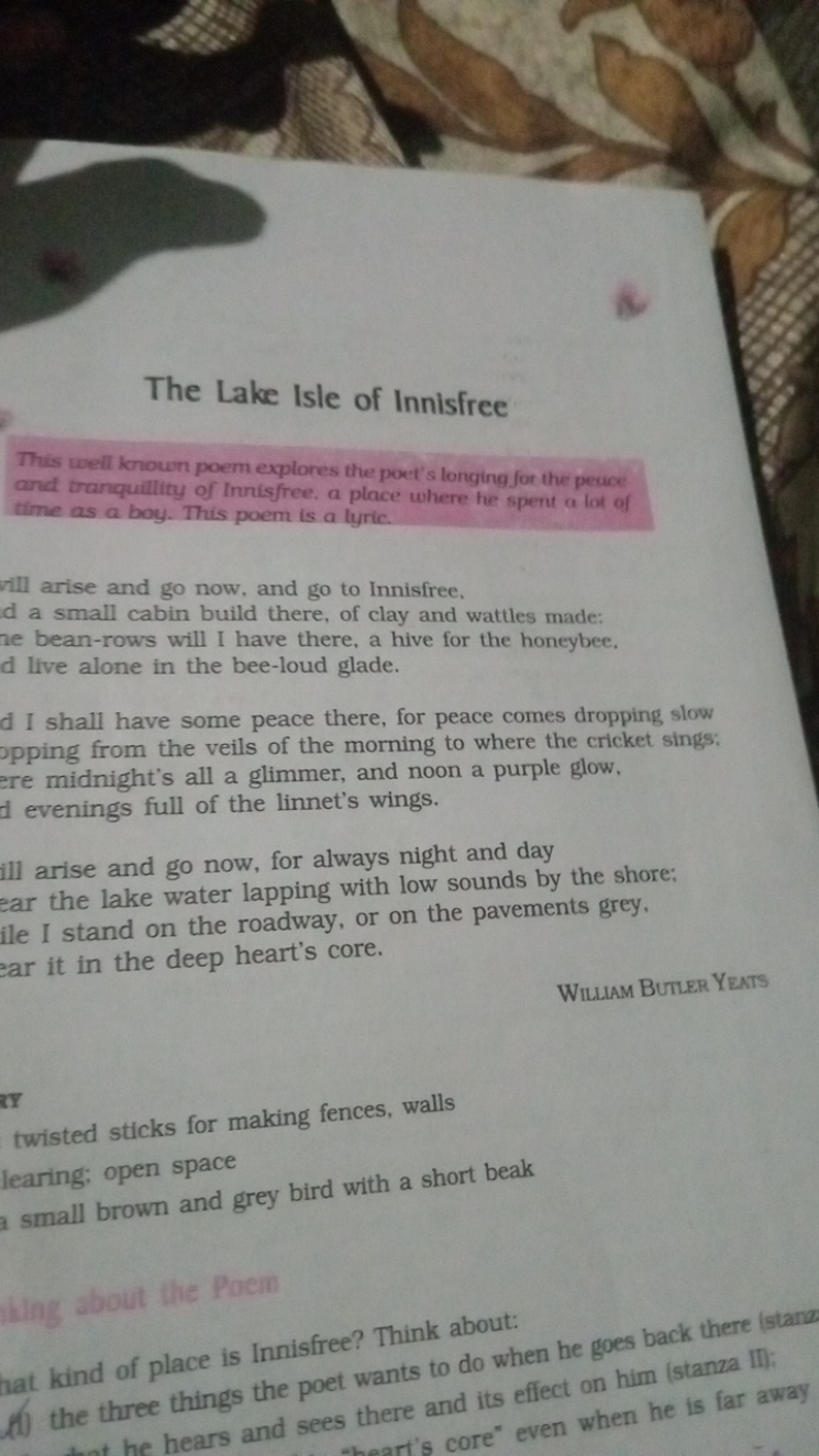 The Lake Isle of Innisfree

Thas well known poem explores the poet's l