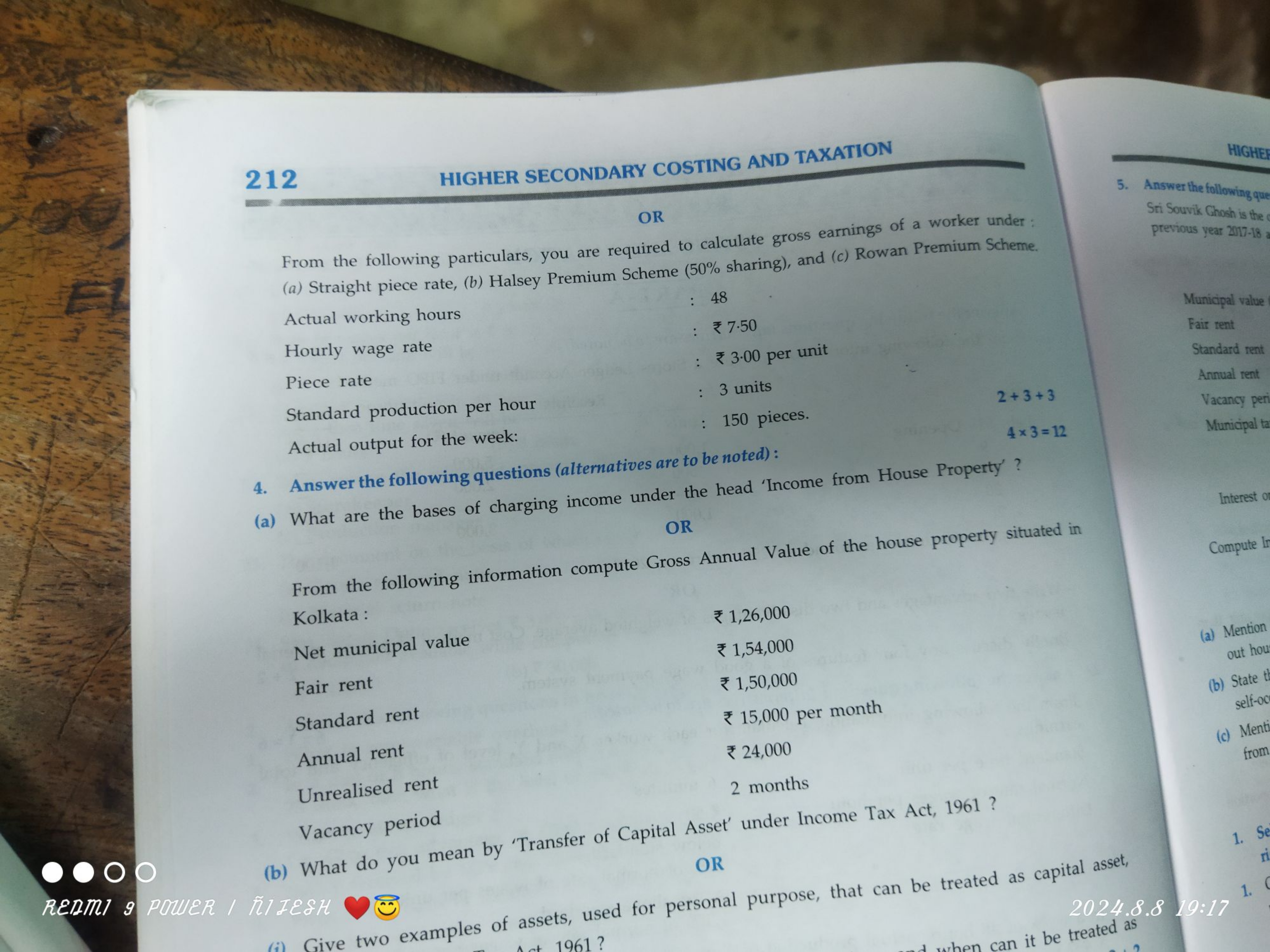 212
HIGHER SECONDARY COSTING AND TAXATION
5. Answer the following que
