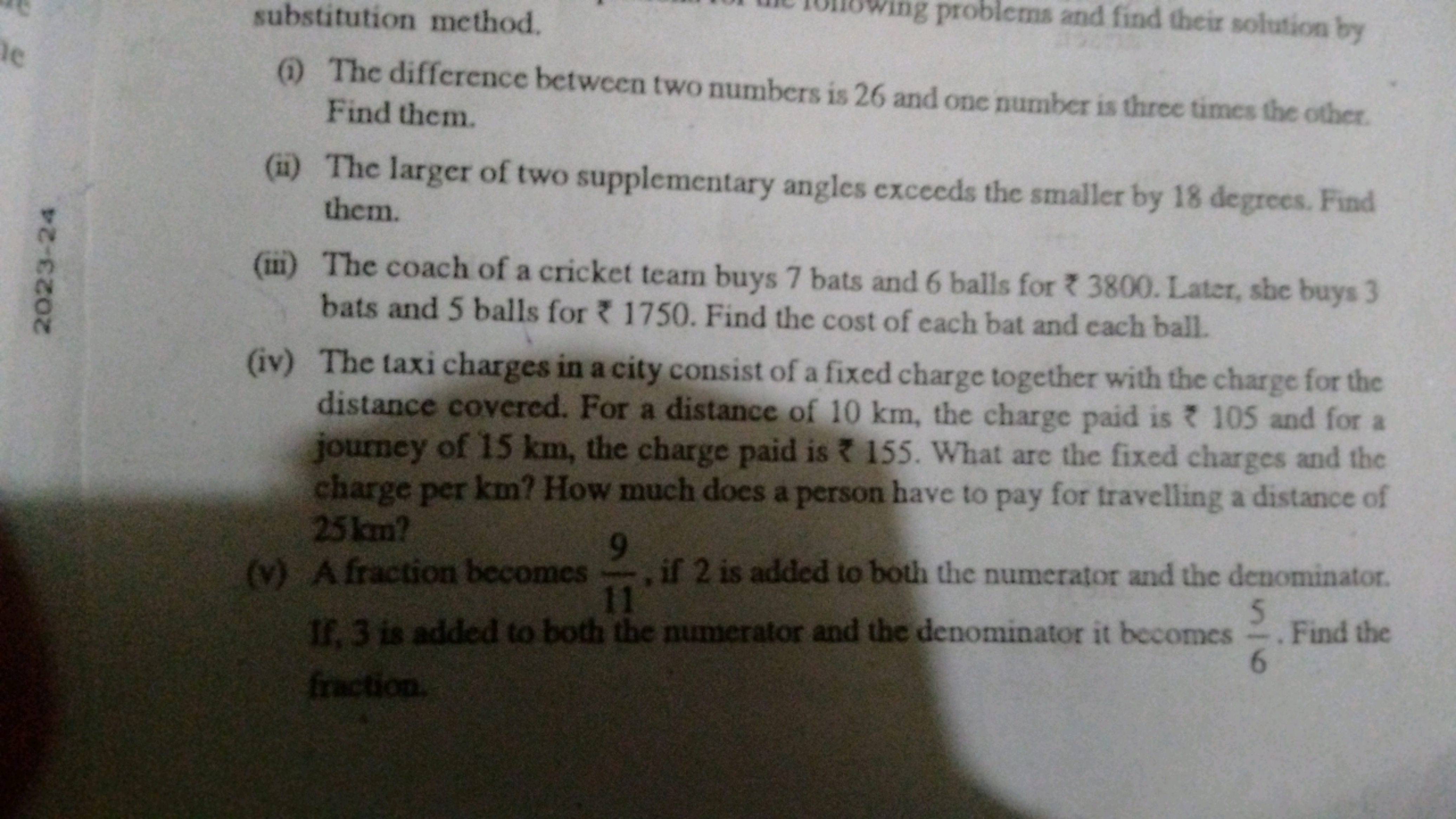 substitution method.
(i) The difference between two numbers is 26 and 