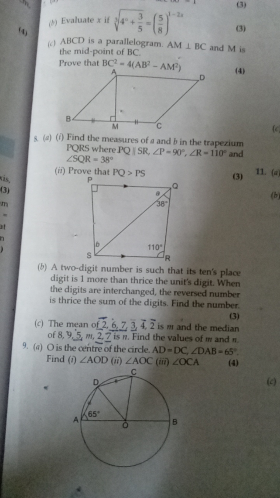 (3)
(4)
(b) Evaluate x if 340+53​​=(85​)1−2x
(c) ABCD is a parallelogr