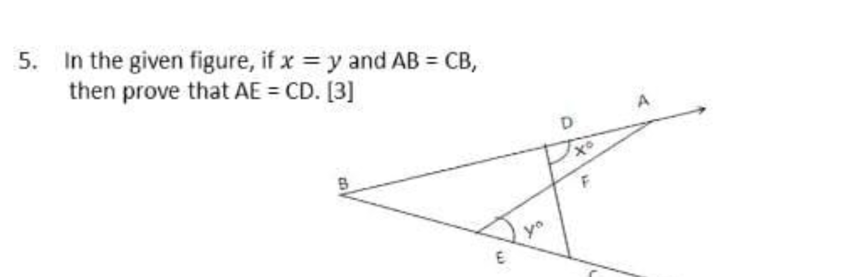 5. In the given figure, if x=y and AB=CB, then prove that AE=CD. [3]