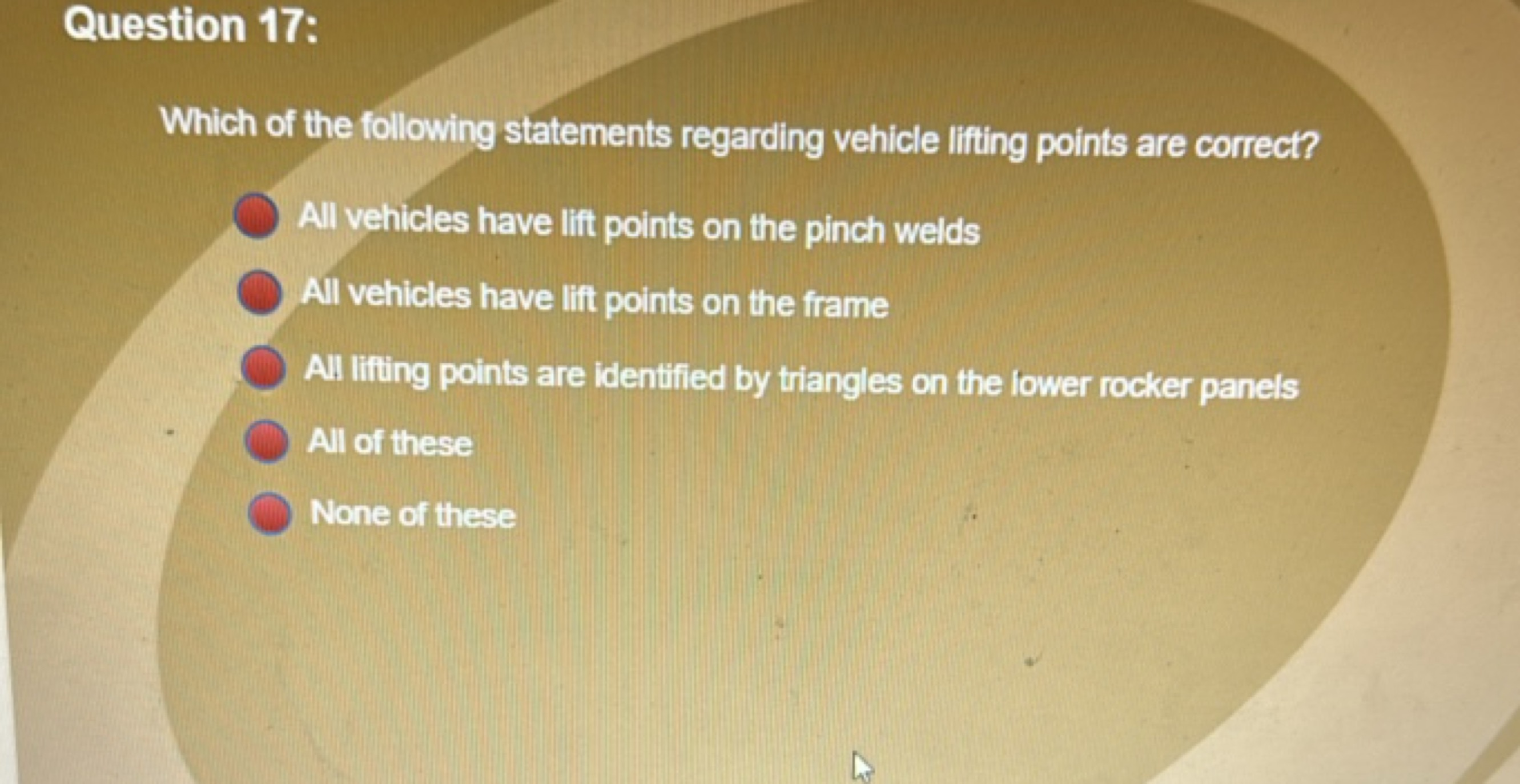 Question 17:

Which of the following statements regarding vehicle lift