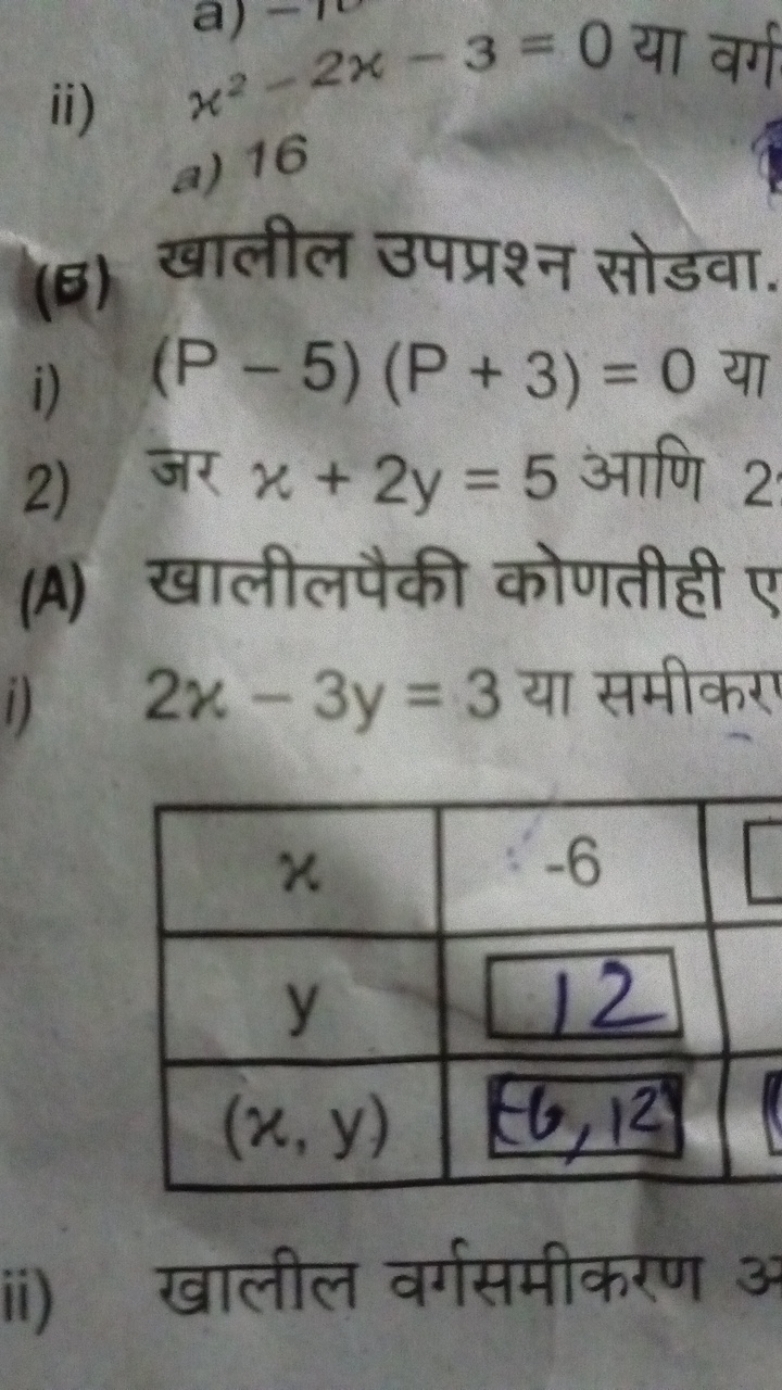 ii)
(Б) खालील उपप्रश्न सोडवा
i) (P−5)(P+3)=0 या
2) जर x+2y=5 आणि 2
(A)