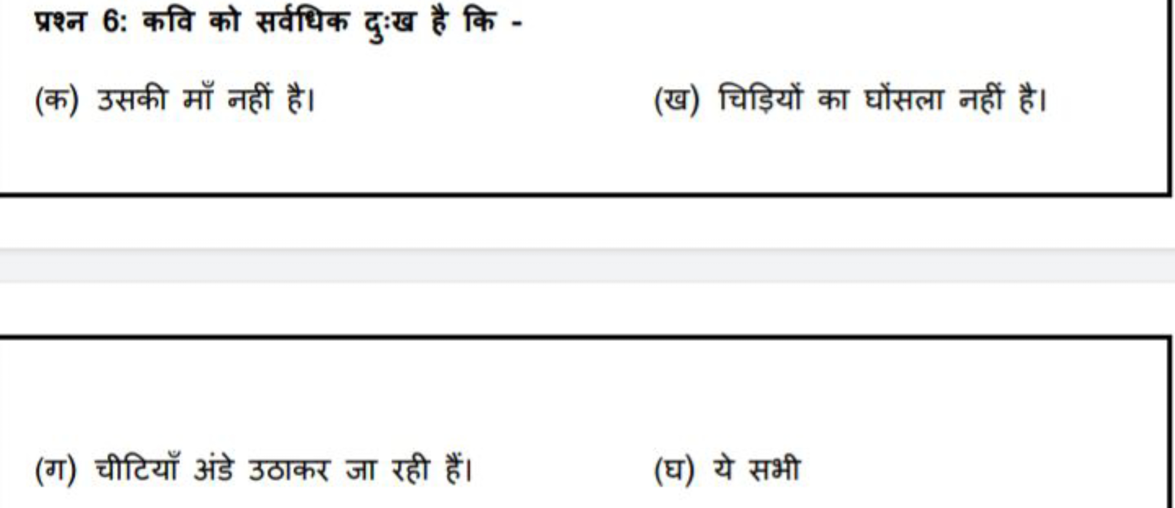 प्रश्न 6: कवि को सर्वधिक दुःख है कि -
(क) उसकी माँ नहीं है।
(ख) चिड़िय