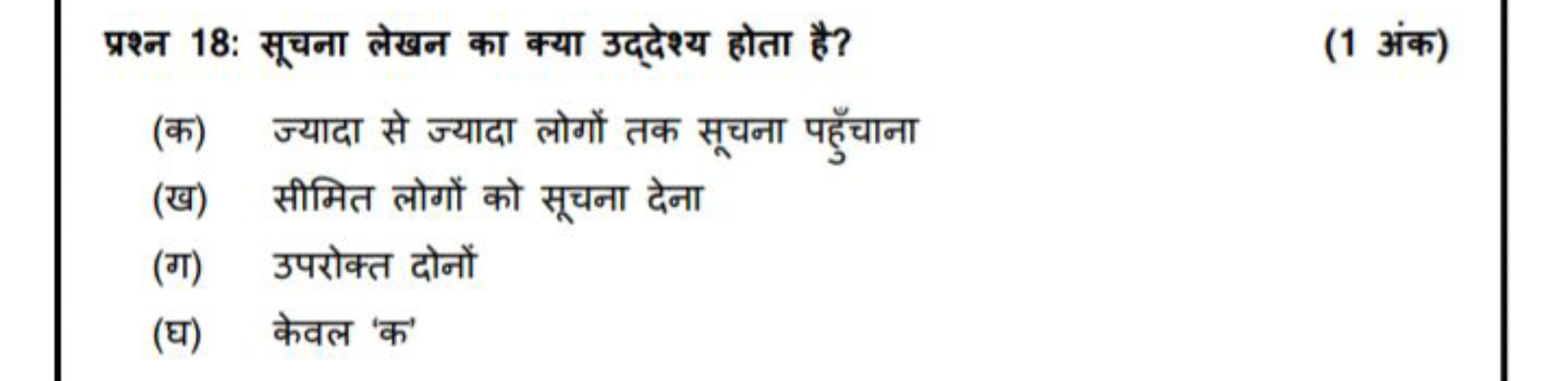 प्रश्न 18: सूचना लेखन का क्या उद्देश्य होता है?
(1 अंक)
(क) ज्यादा से 