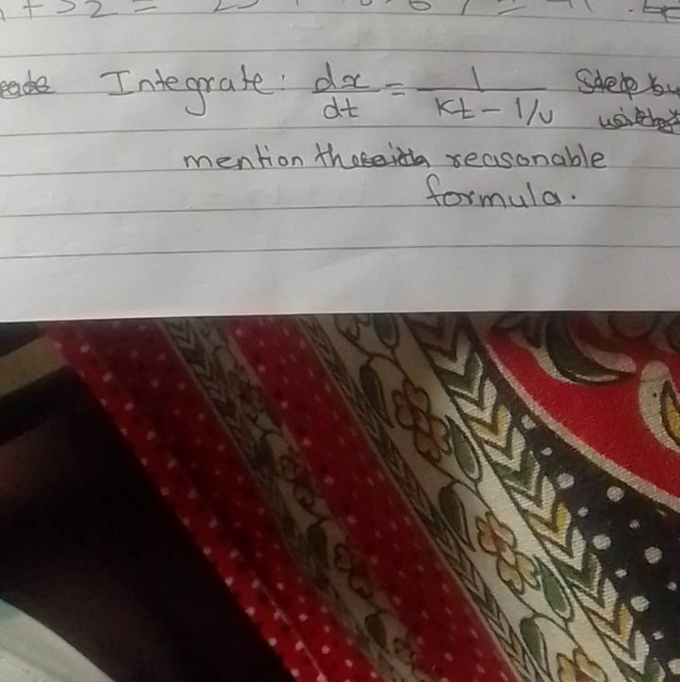 Integrate: dtdx​=kt−1/v1​ step by mention thesith reasonable formula.