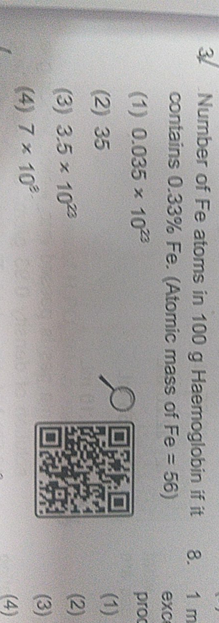 3. Number of Fe atoms in 100 g Haemoglobin if it contains 0.33%Fe. (At