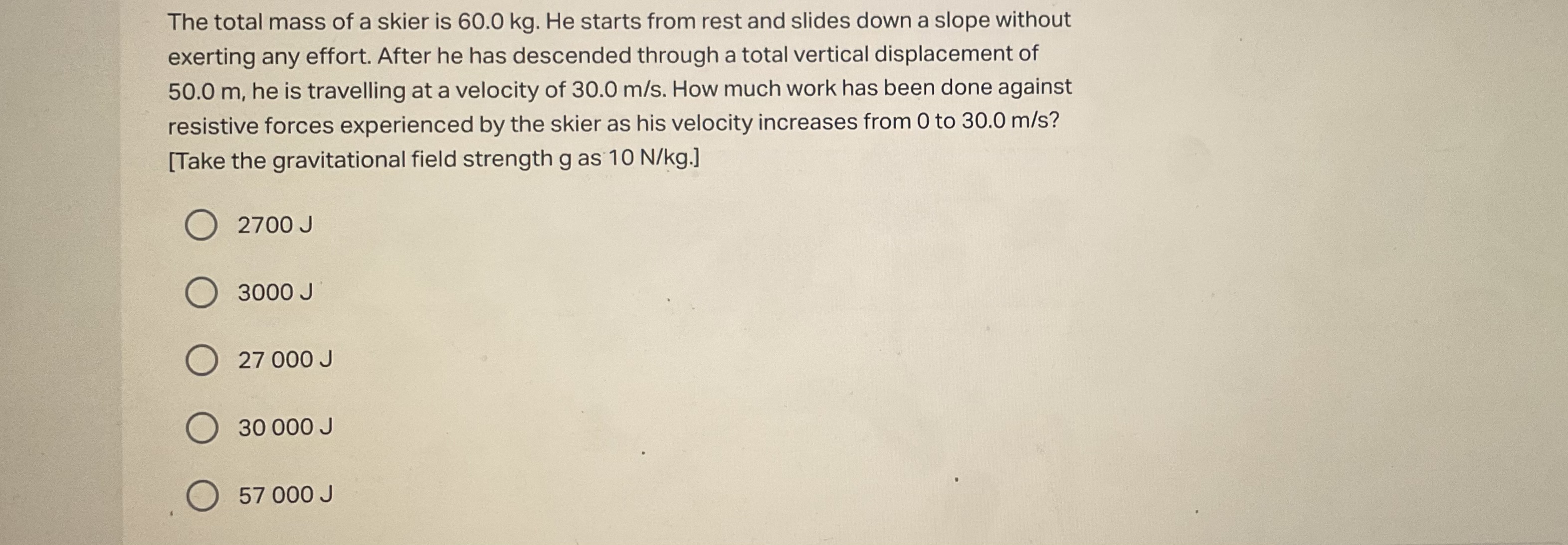 The total mass of a skier is 60.0 kg . He starts from rest and slides 