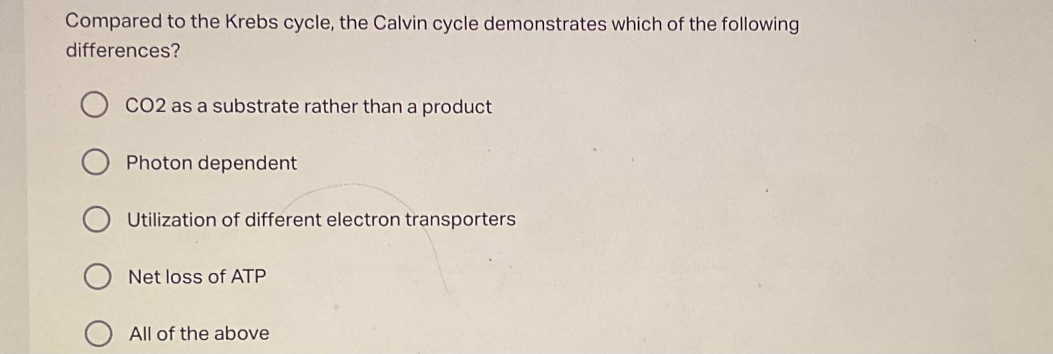 Compared to the Krebs cycle, the Calvin cycle demonstrates which of th