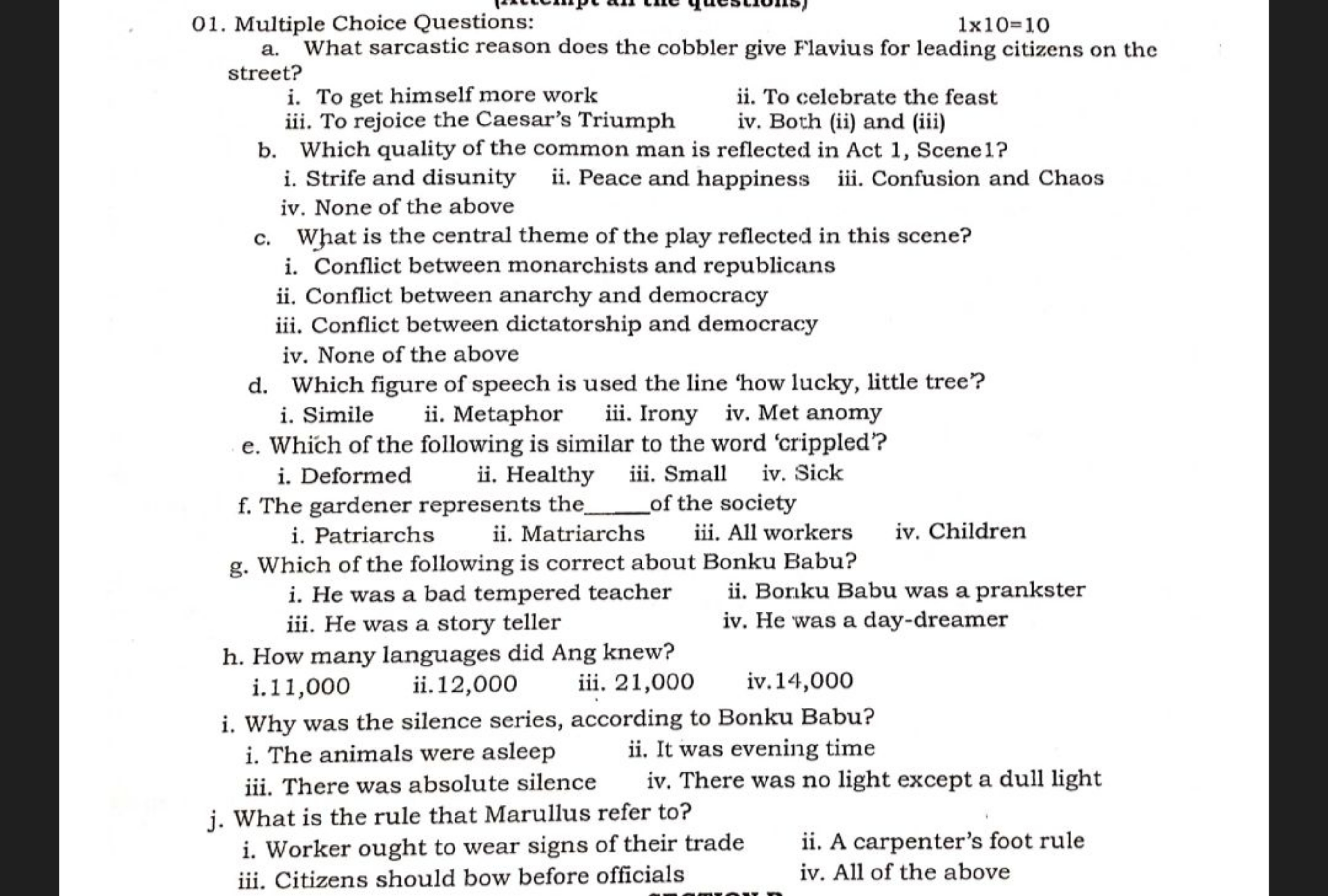 01. Multiple Choice Questions:
1×10=10
a. What sarcastic reason does t