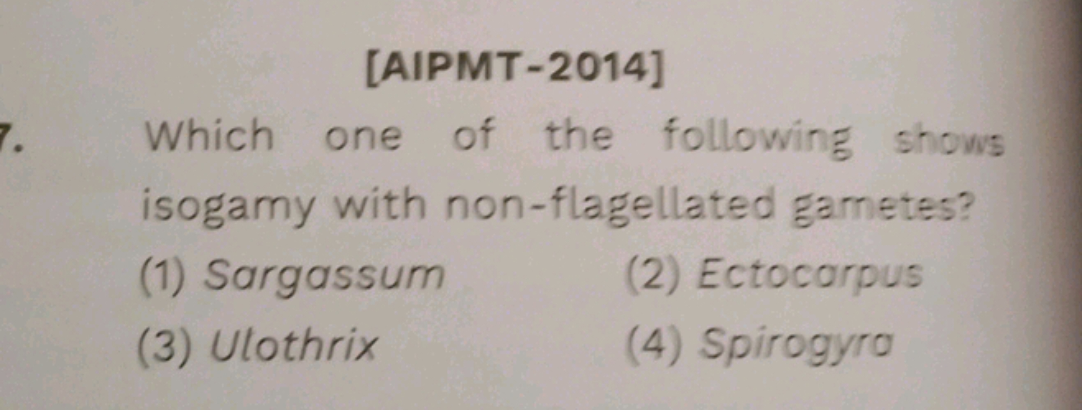 [AIPMT-2014]
Which one of the following shows isogamy with non-flagell