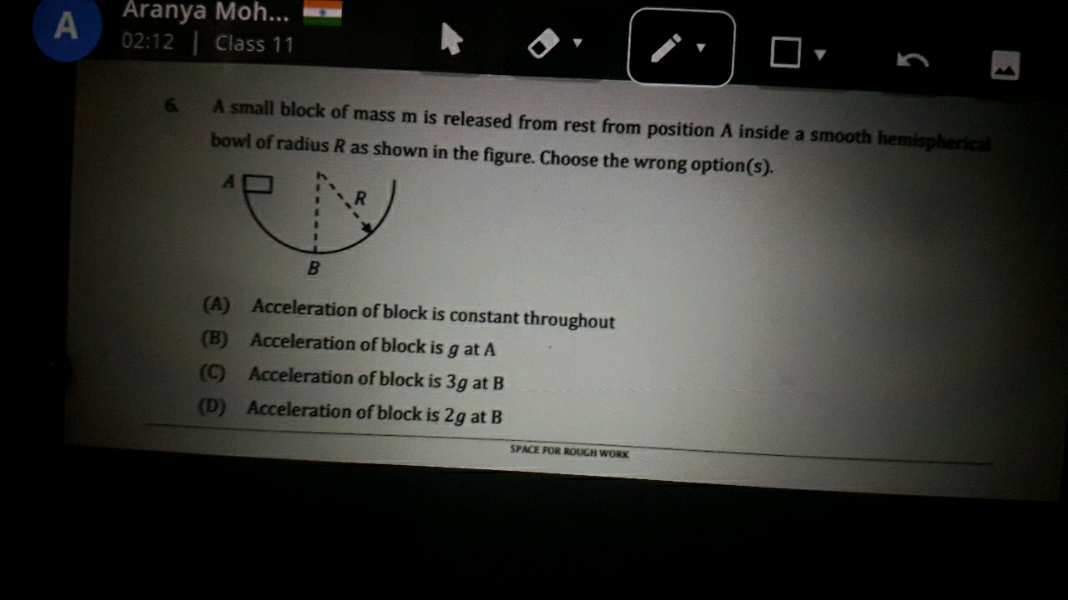 A small block of mass m is released from rest from position A inside a