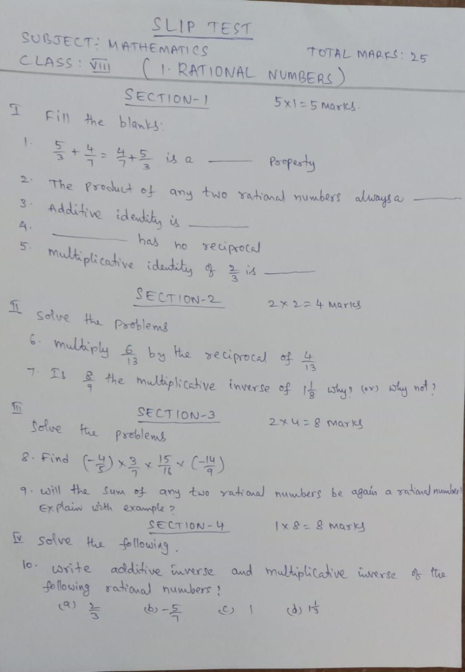 SLIP TEST
SUBJECT: MATHEMATICS
CLASS: VII (I. RATIONAL NUMBERS)
TOTAL 