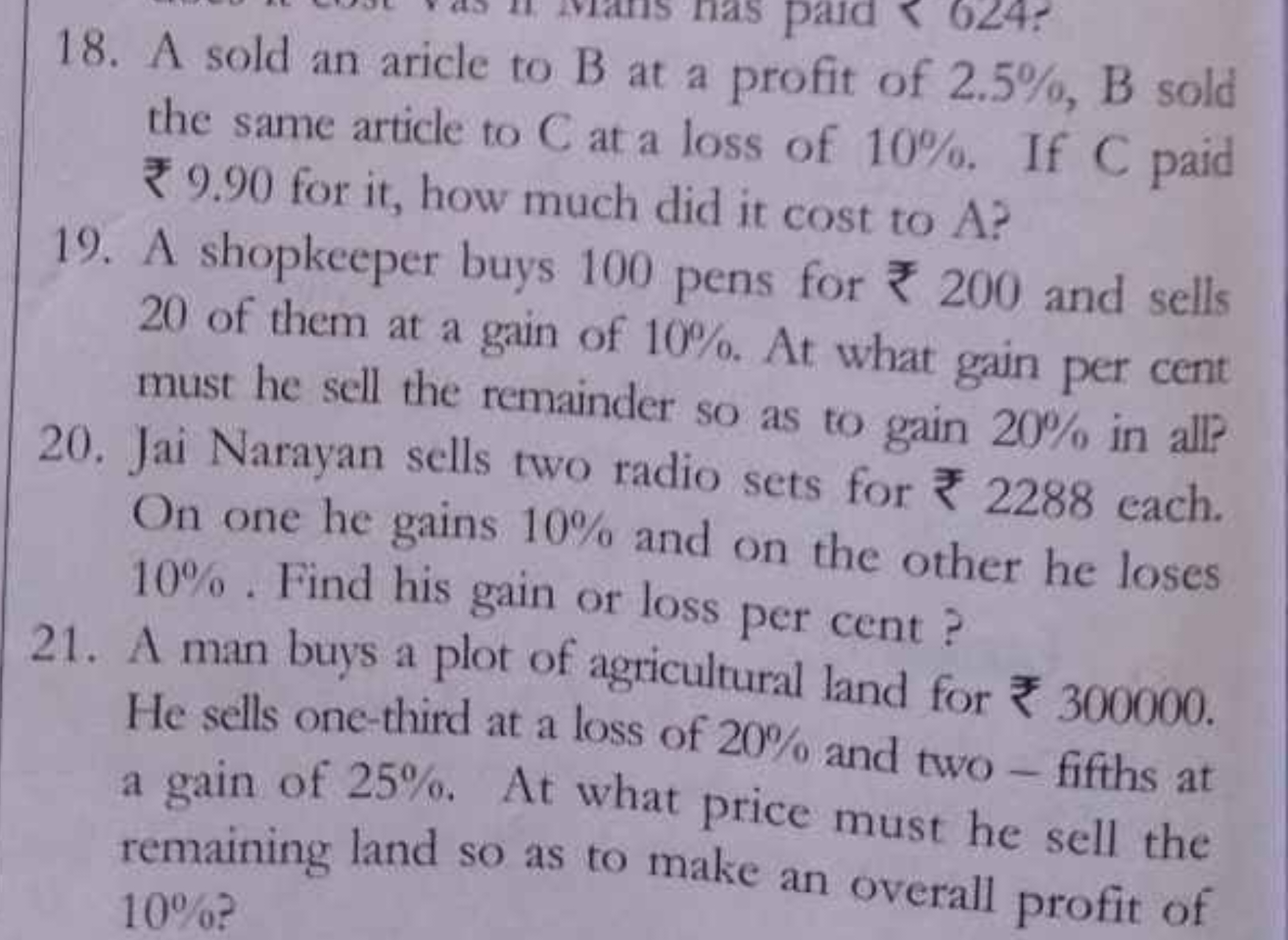 18. A sold an aricle to B at a profit of 2.5%, B sold the same article