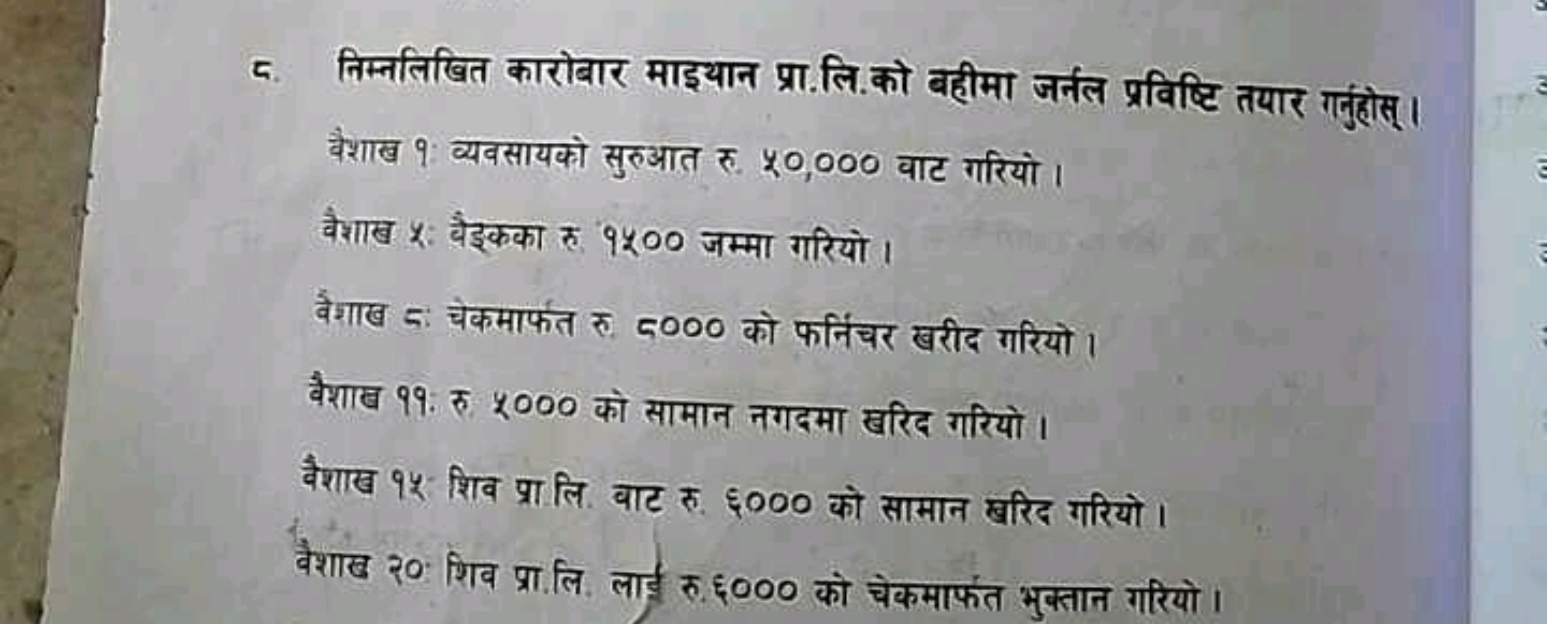 5. निम्नलिखित कारोबार माइथान प्रा.लि.को बहीमा जर्नल प्रविष्टि तयार गनु