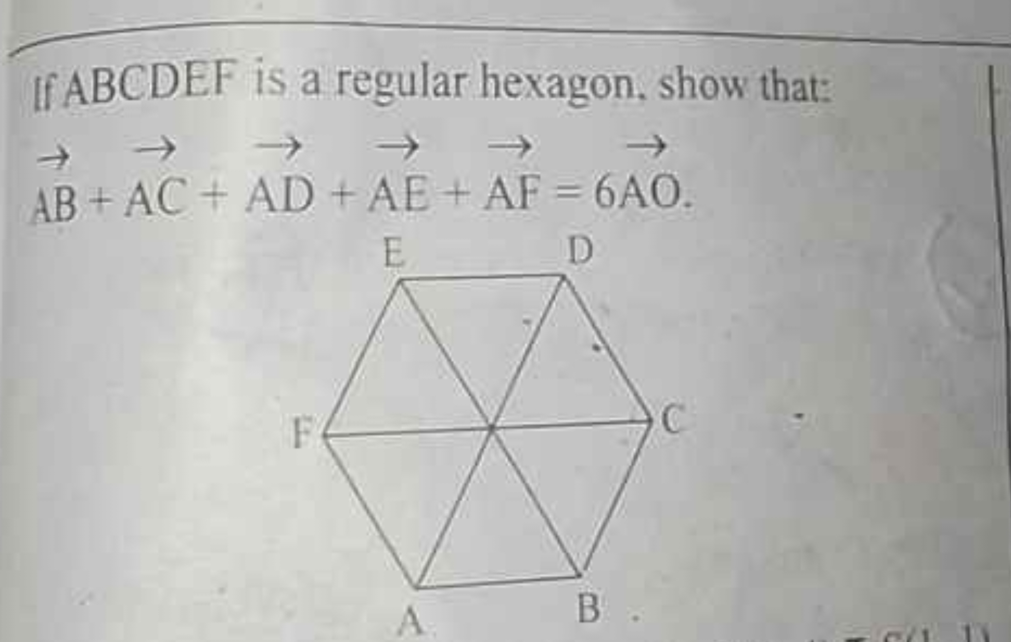 If ABCDEF is a regular hexagon, show that:
AB+AC+AD+AE+AF=6AO