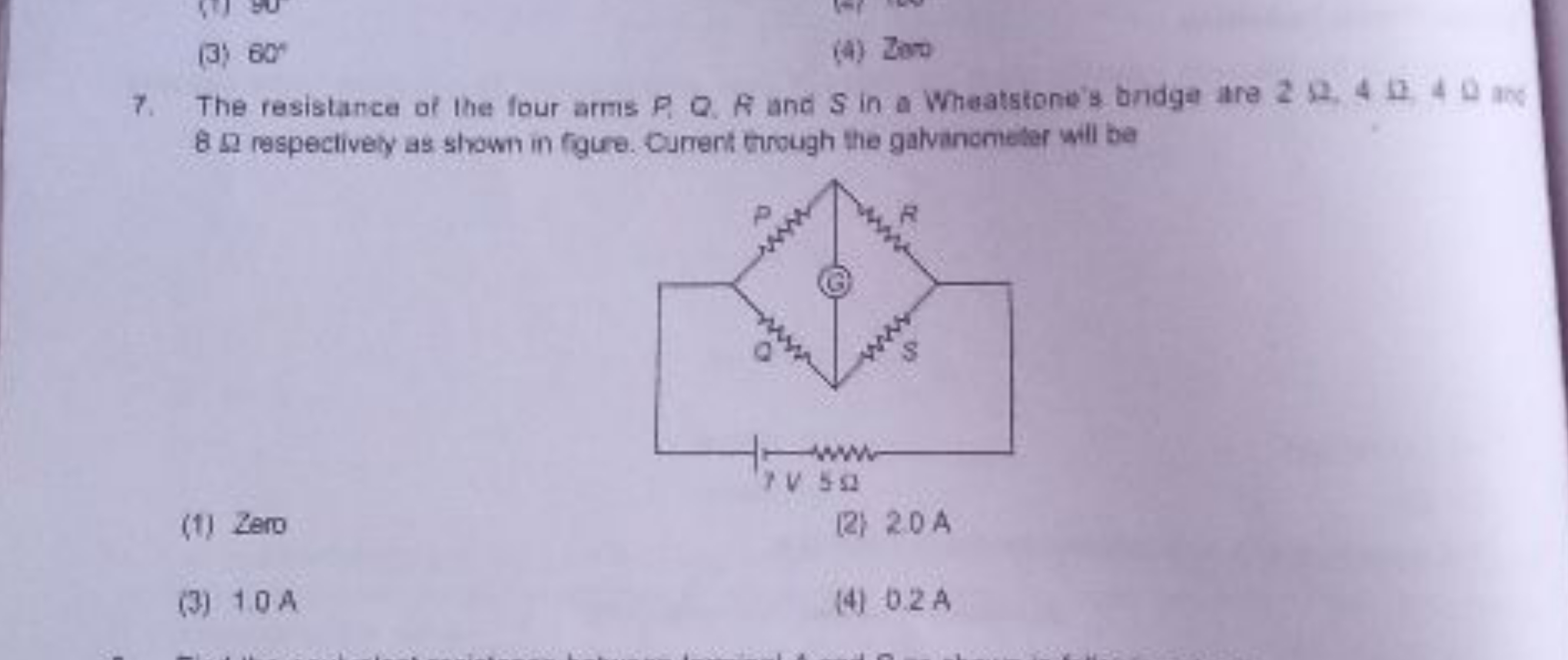 (3) 60∘
(4) Zart
7. The resistance of the four arms P,Q. P and S in a 