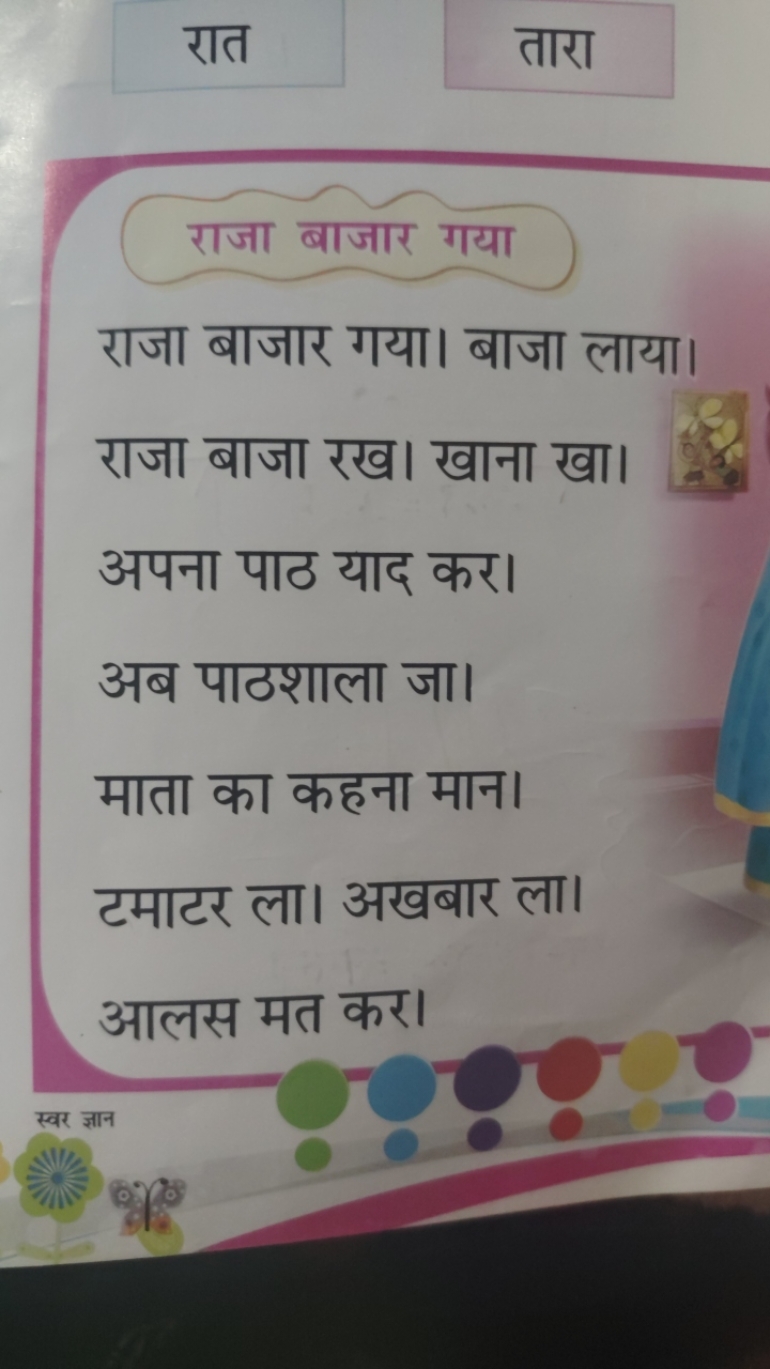 रात
तारा

राजा बाजार गया
राजा बाजार गया। बाजा लाया।
राजा बाजा रख। खाना