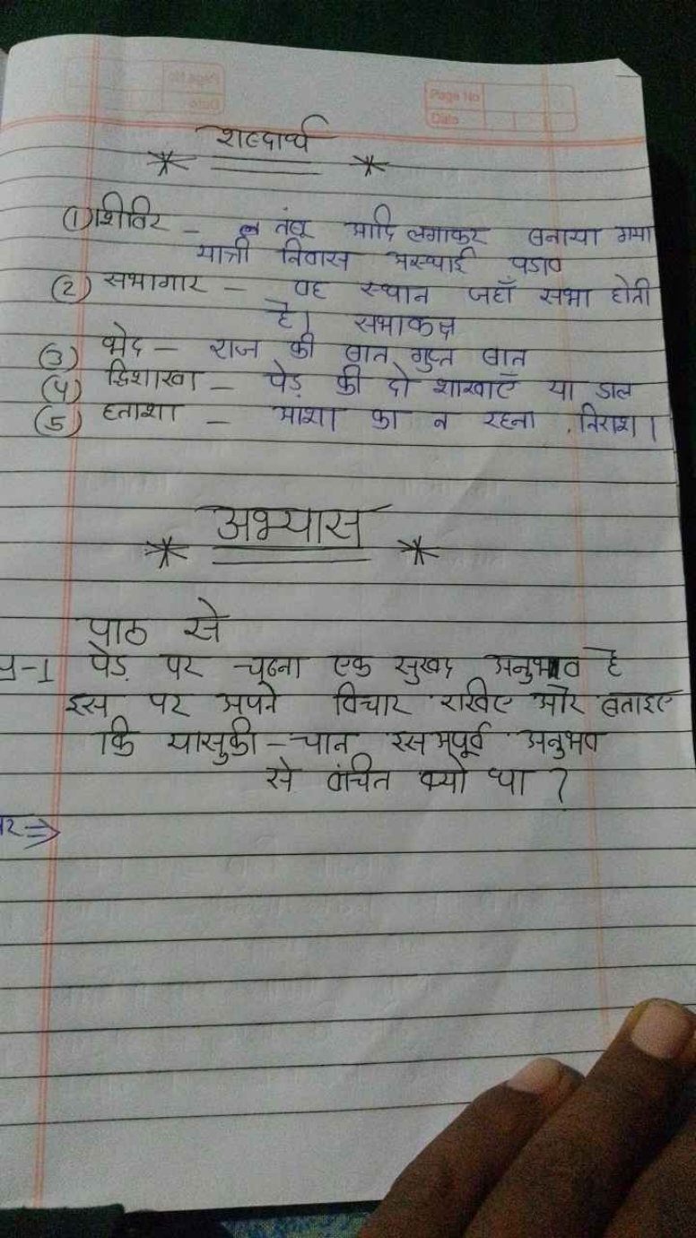 शब्दार्थ
(1)शिविर-लतंबर अदि लगाकर बनाया गमा यात्री निणस भस्थाई पडाव
(2