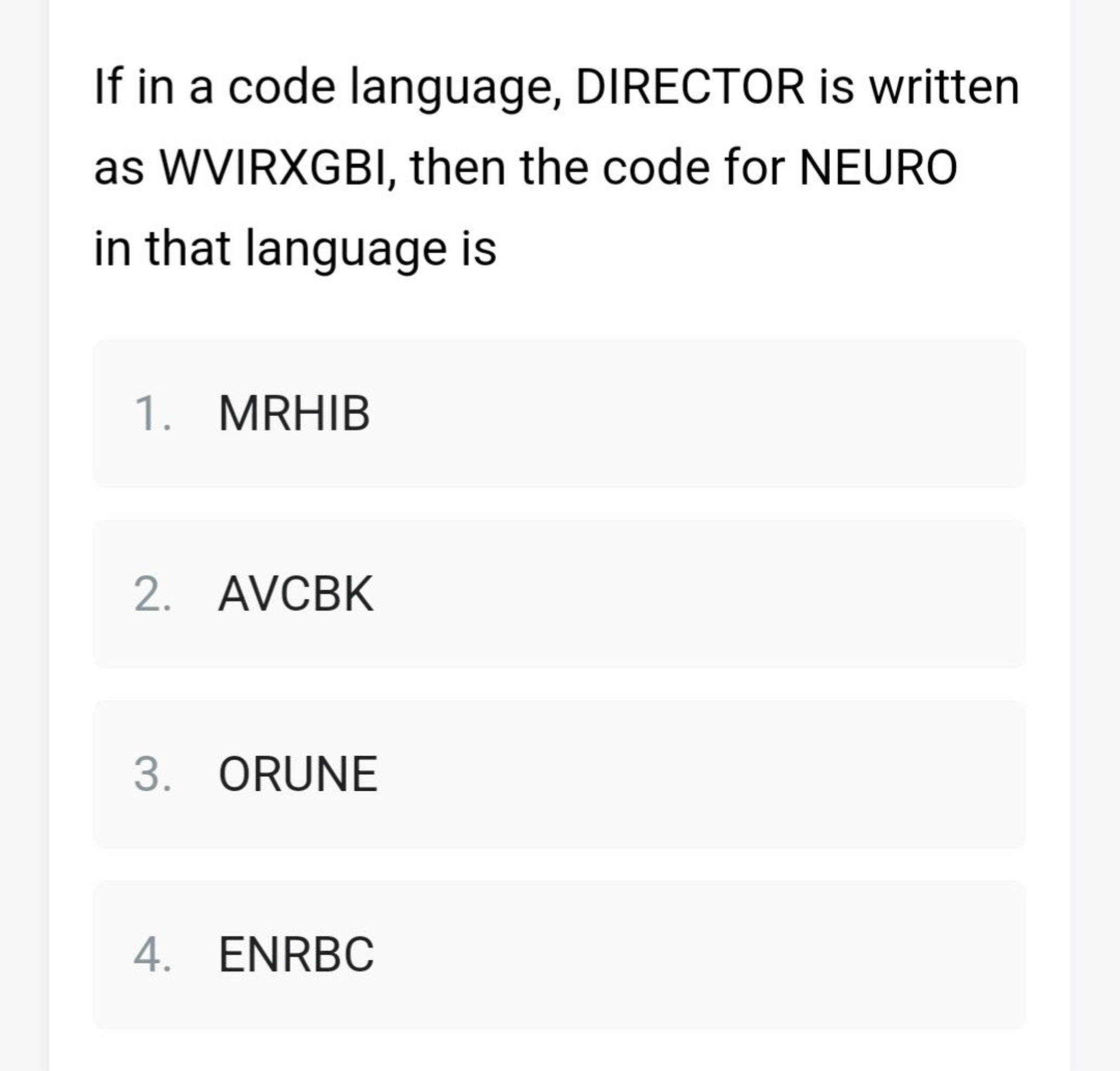 If in a code language, DIRECTOR is written as WVIRXGBI, then the code 