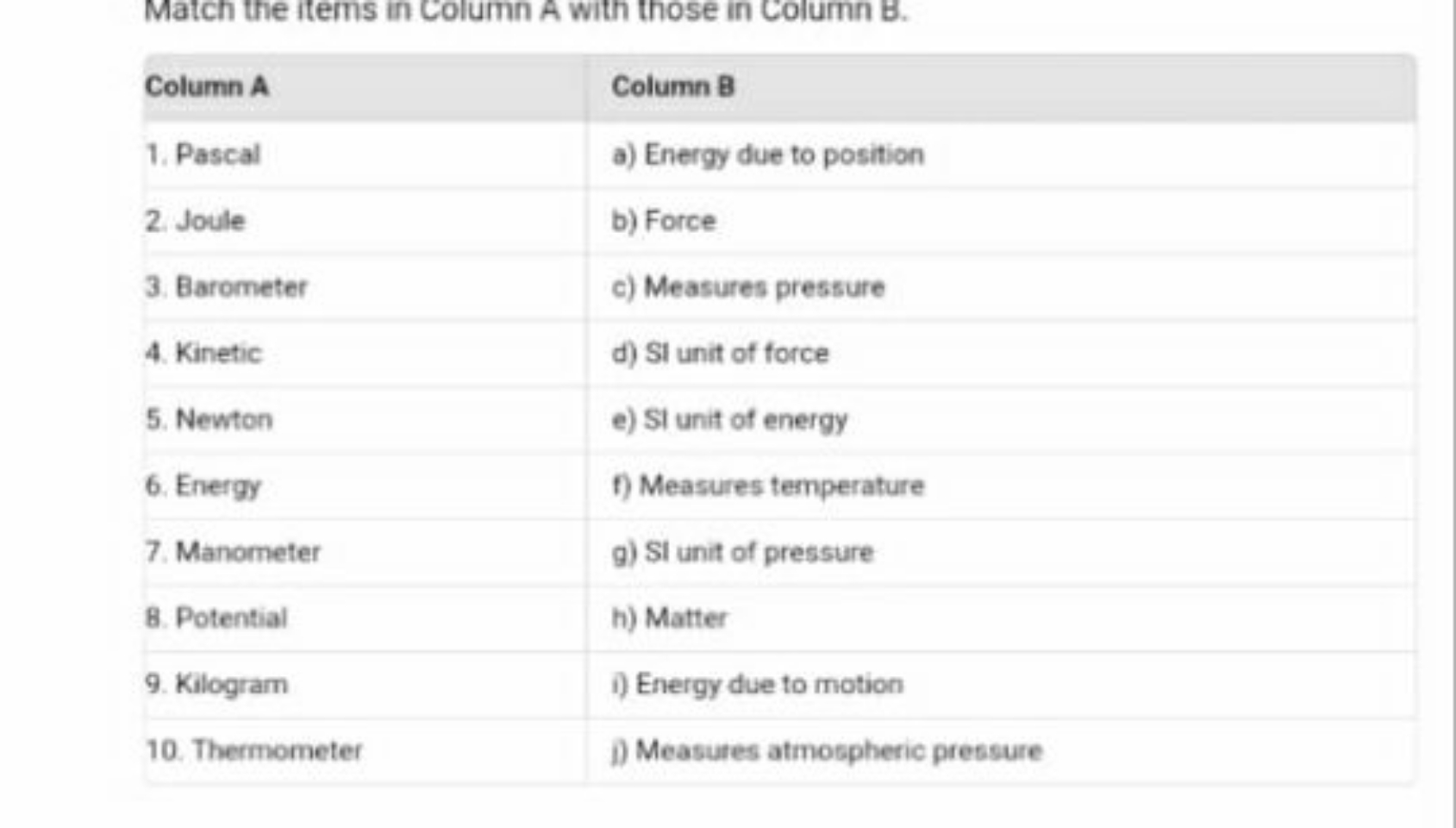 Match the items in Column A with those in Column B.
\begin{tabular} { 