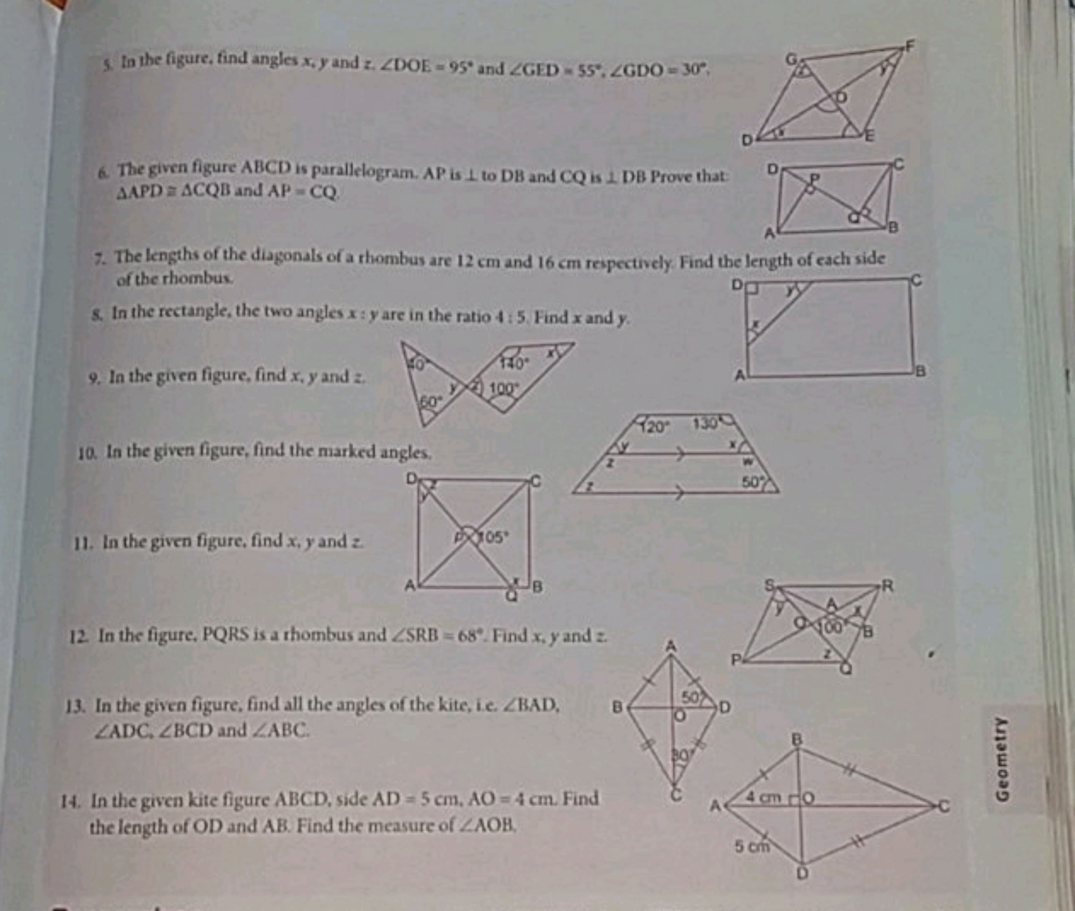 5. to the figure, find angles x3​y and z.∠DOE=95∘ and ∠GED=55∘,∠GDO=30