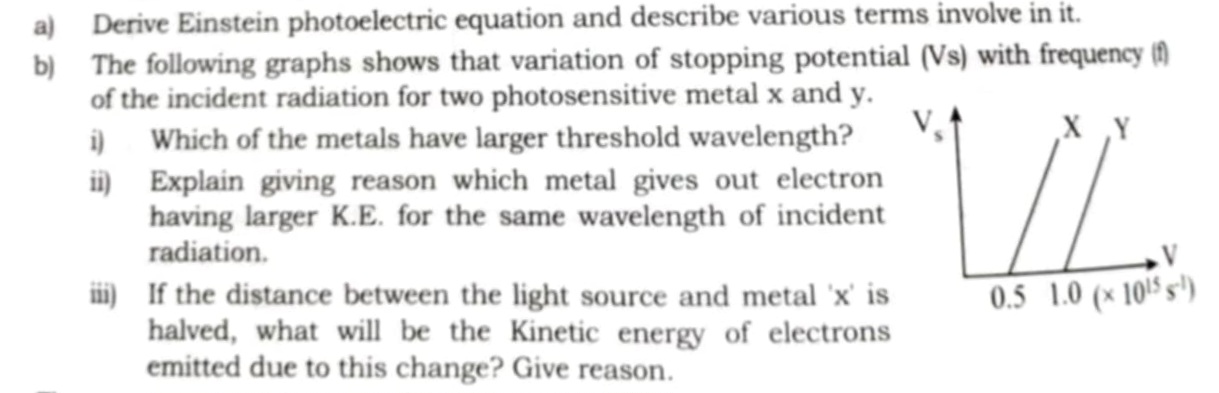 a) Derive Einstein photoelectric equation and describe various terms i